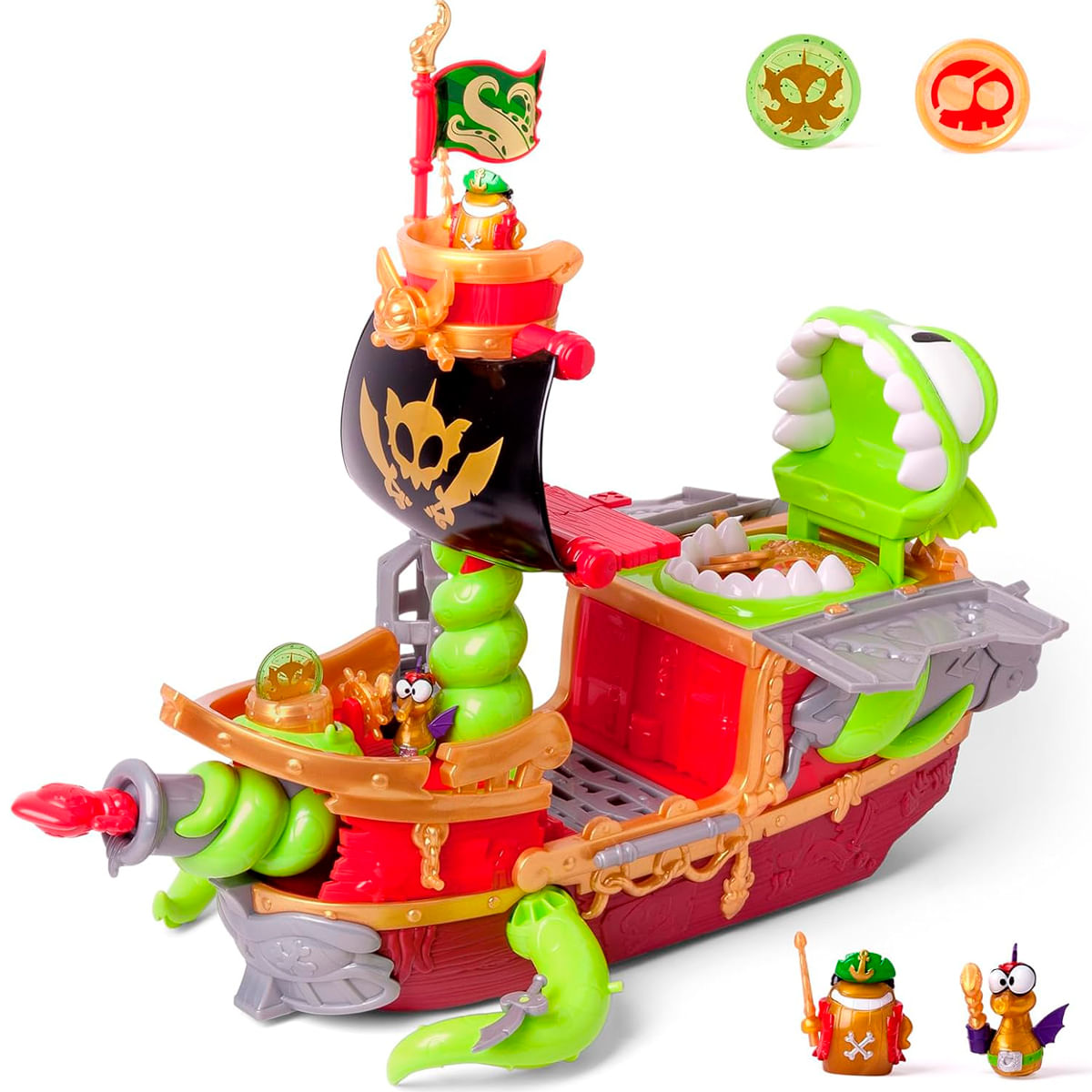 Un colorido barco pirata de juguete con elementos verdes y rojos, vela de calavera.