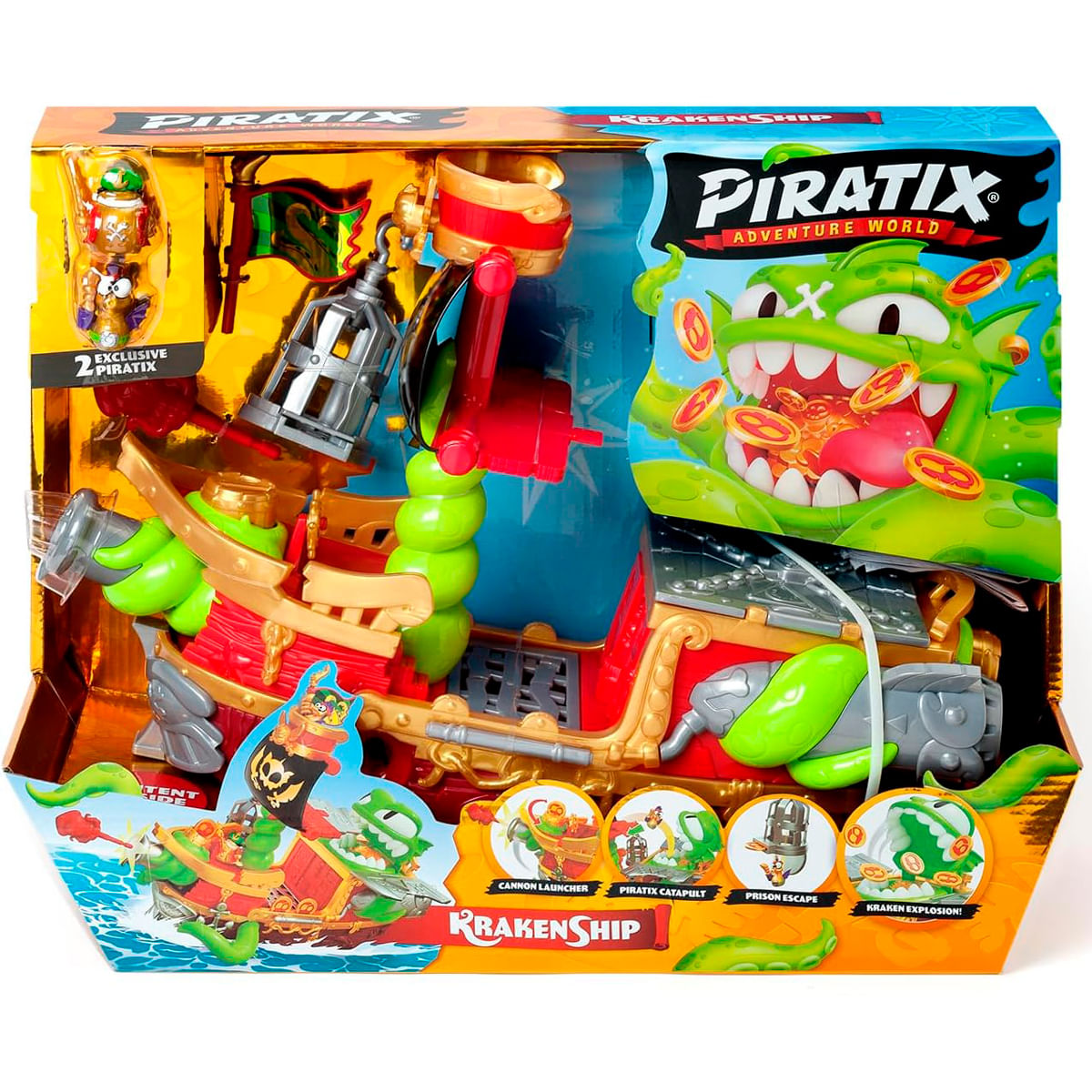 Juguete de barco pirata con tema de kraken, incluye figuras y accesorios.