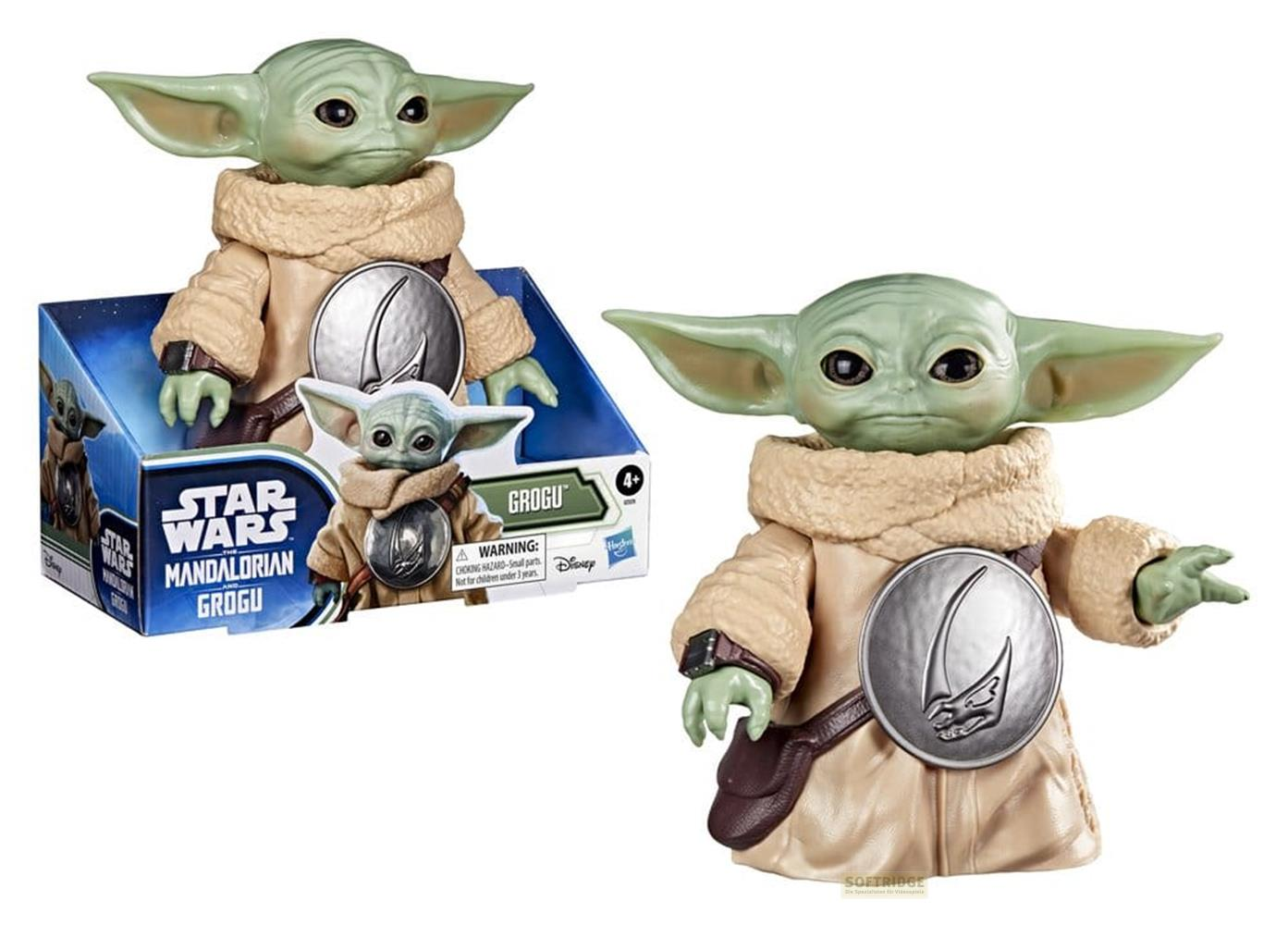 Figura de Grogu de Star Wars con ropa y embalaje detallados.