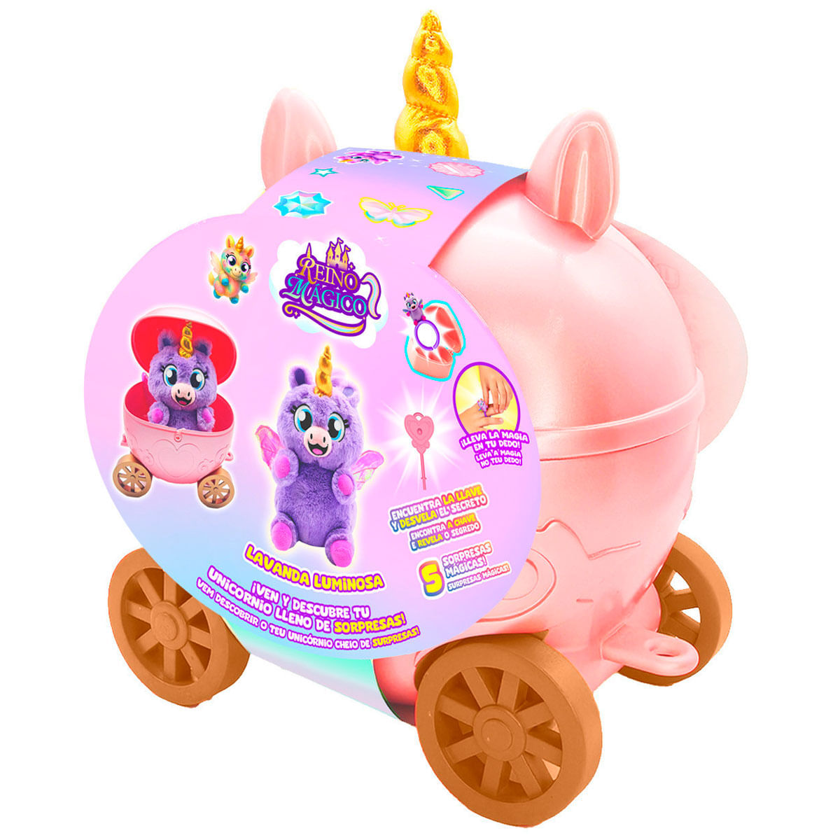 Carruaje de juguete de unicornio rosa con unicornio morado de peluche y accesorios.