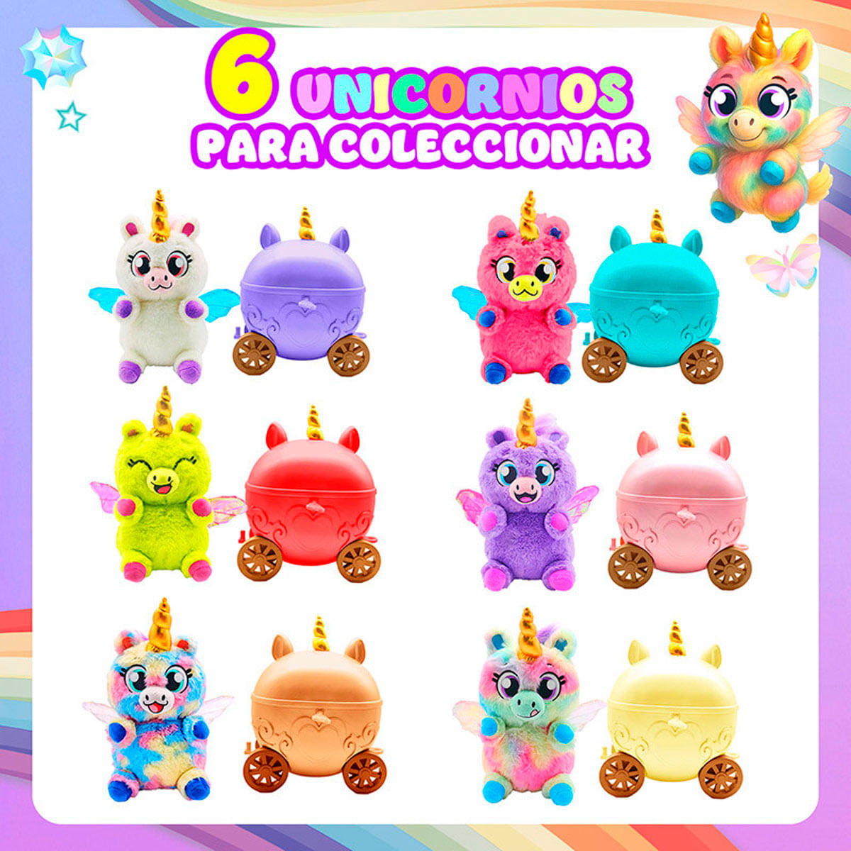 Unicornios de peluche coloridos con alas y carruajes, "6 Unicornios".