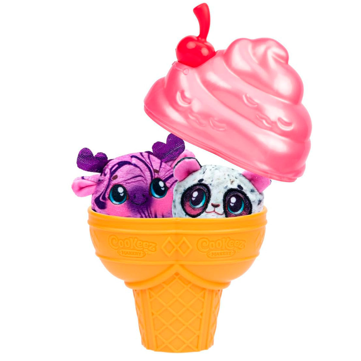 Dos peluches en un cono de helado con tapa rosa y cereza.