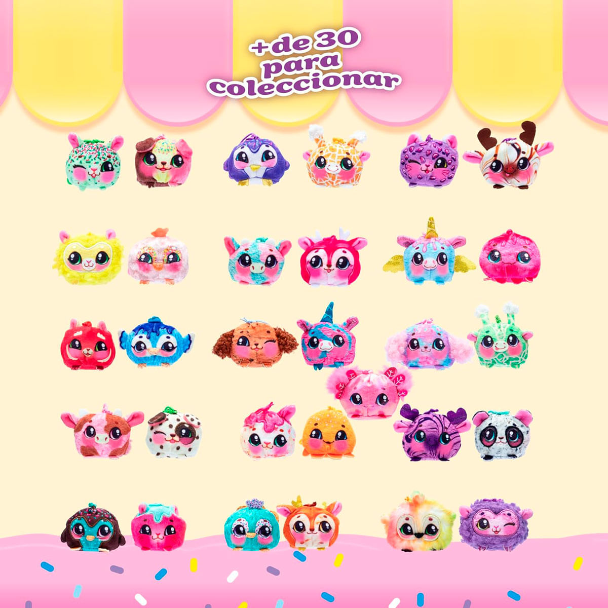 Un collage de muchos peluches pequeños, esponjosos y coloridos con ojos grandes.