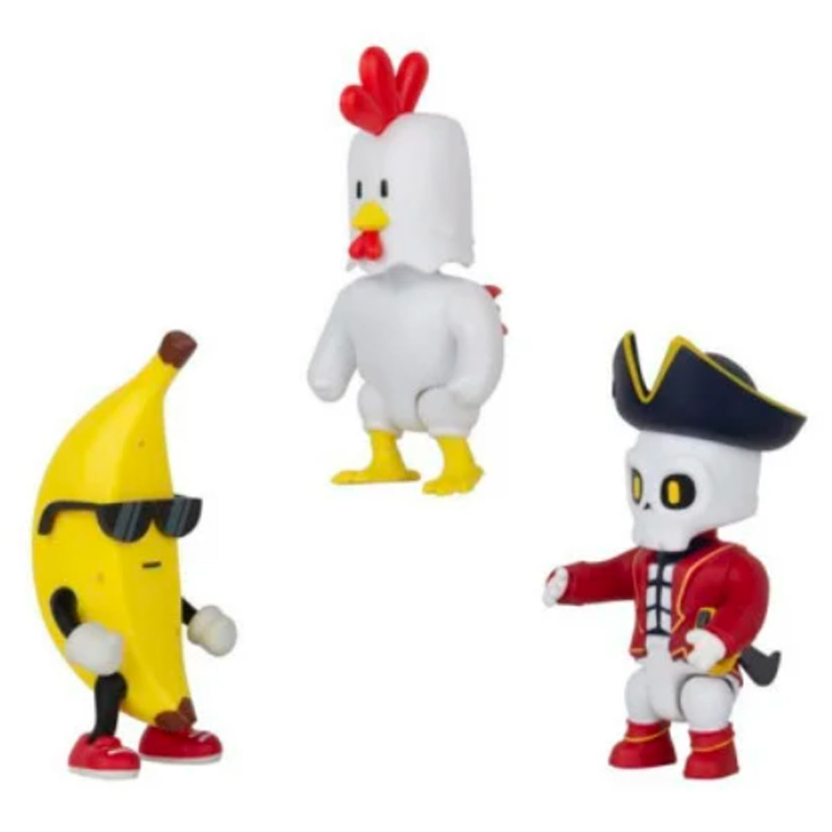 Tres figuras de juguete: un plátano con gafas de sol, un pollo y un esqueleto pirata.