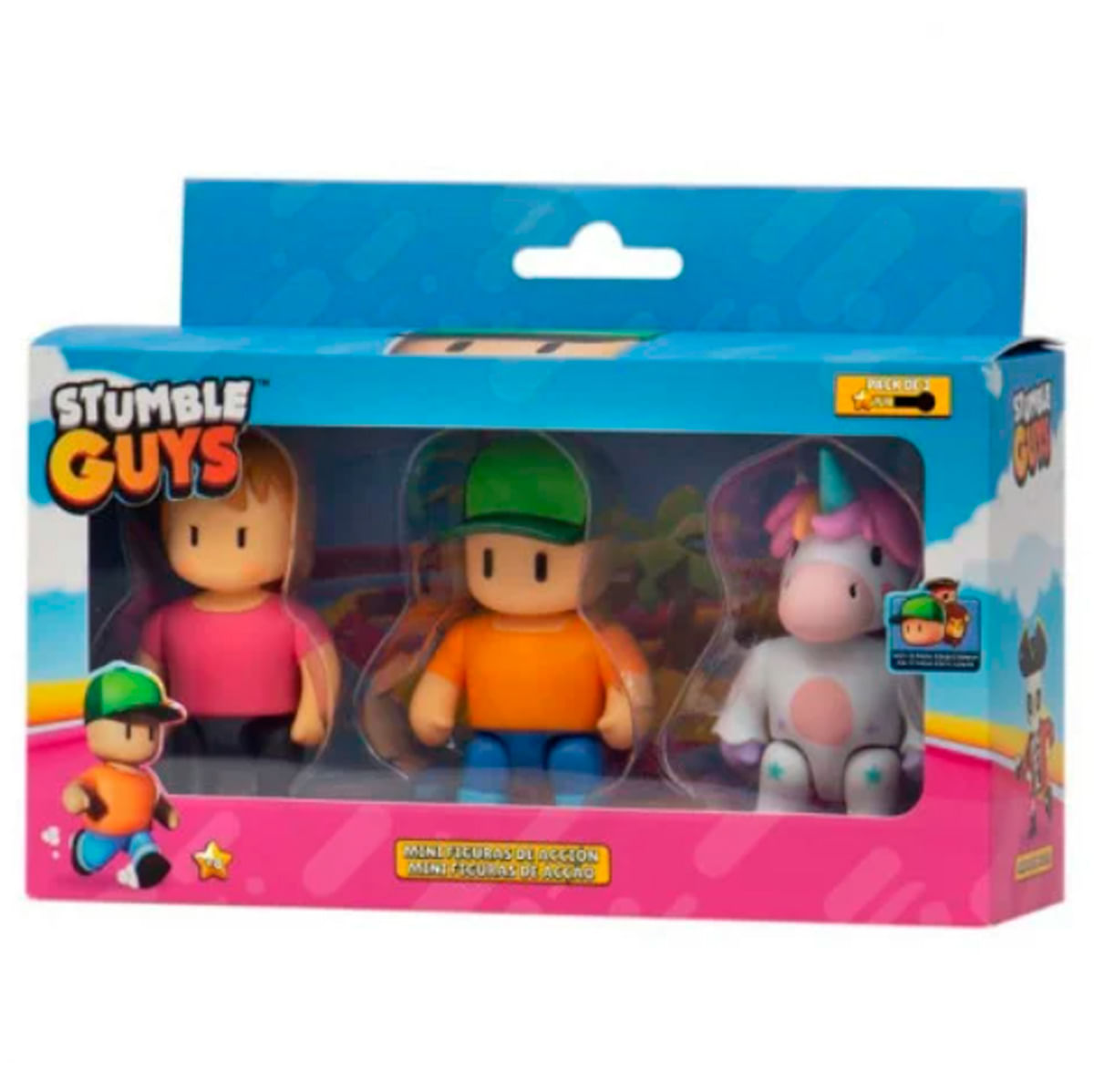 Set de juguetes Stumble Guys con tres figuras: dos niños y un unicornio en caja.