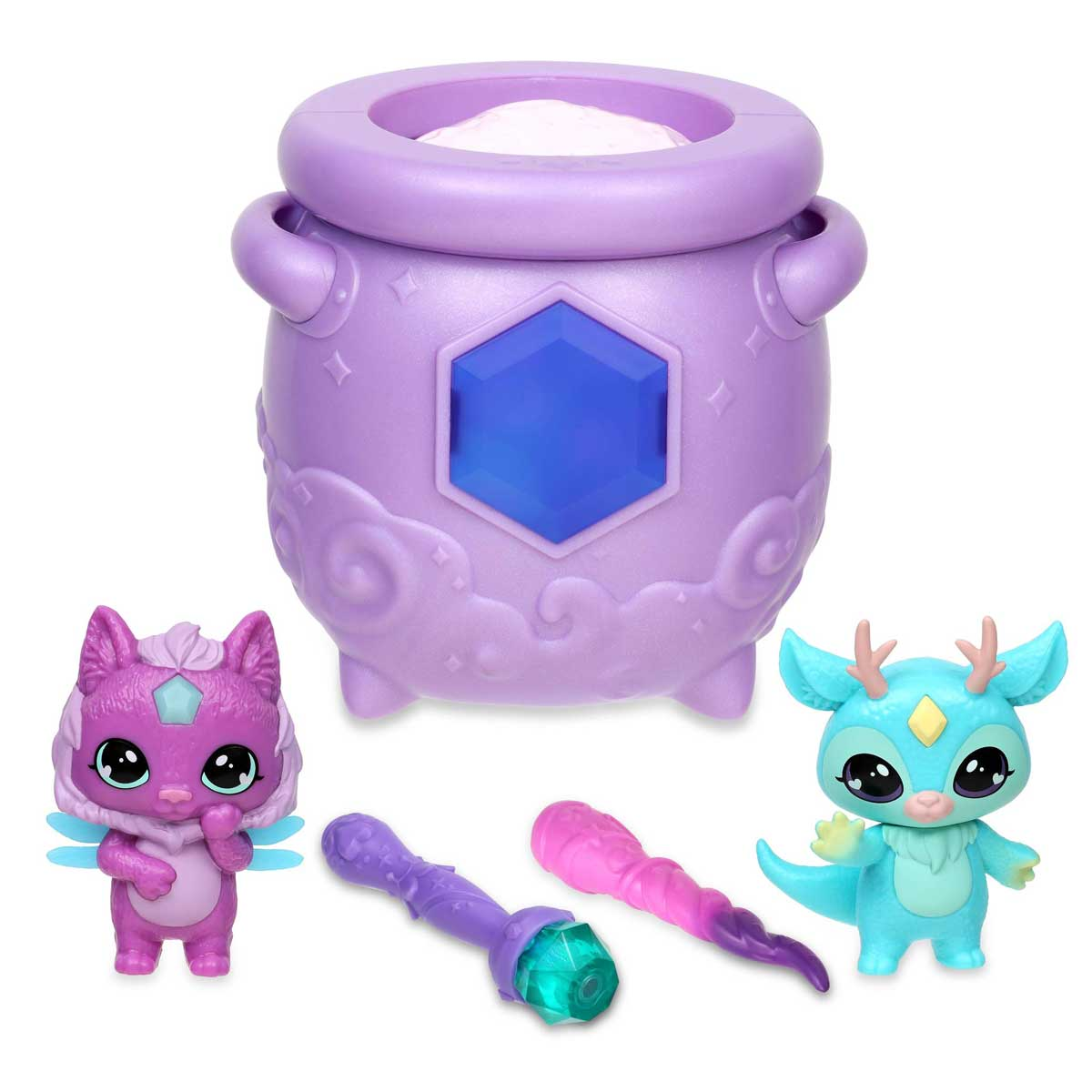Juguete de caldero morado con juguetes de criaturas fantásticas rosas y azules.