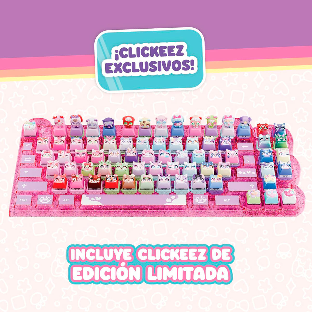 Teclado rosa brillante con muchas teclas de gato coloridas.