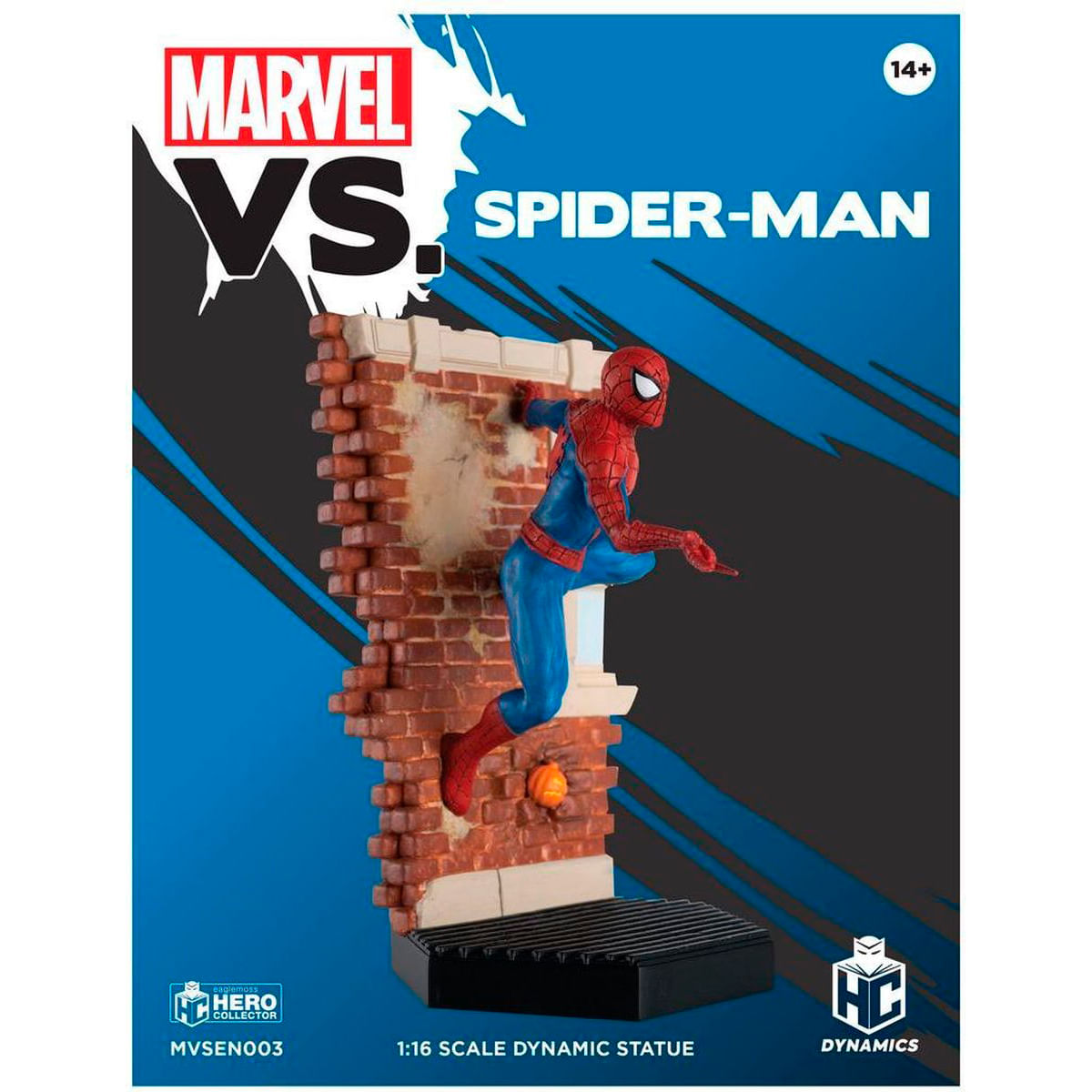 Figura de Spider-Man en pared de ladrillos, descendiendo.