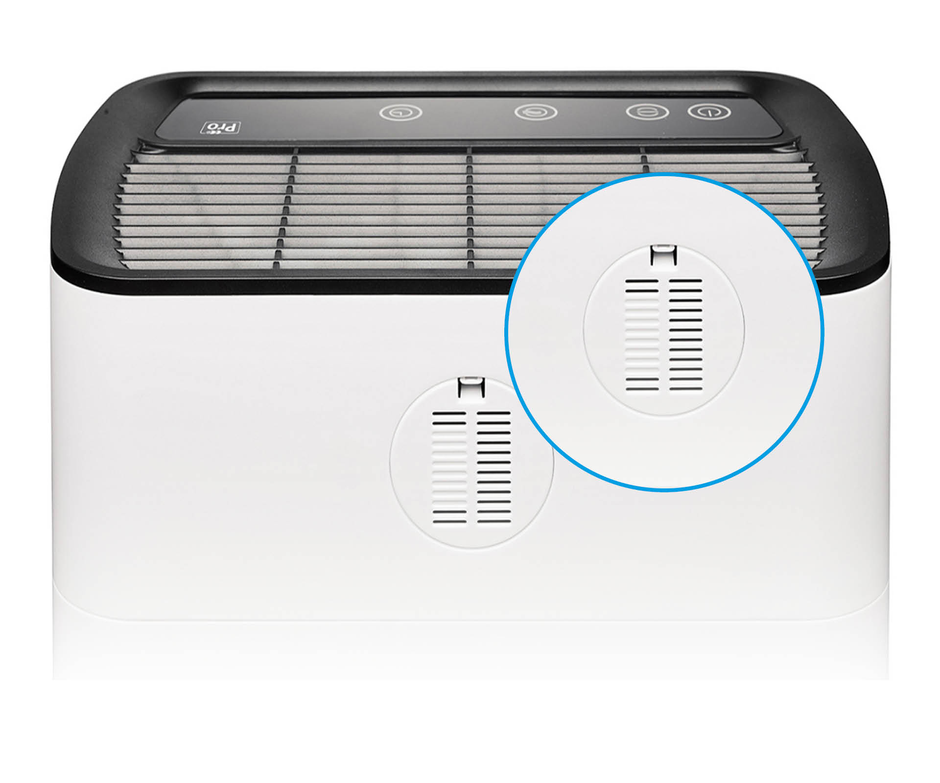A white air purifier with black vents and control buttons on top.