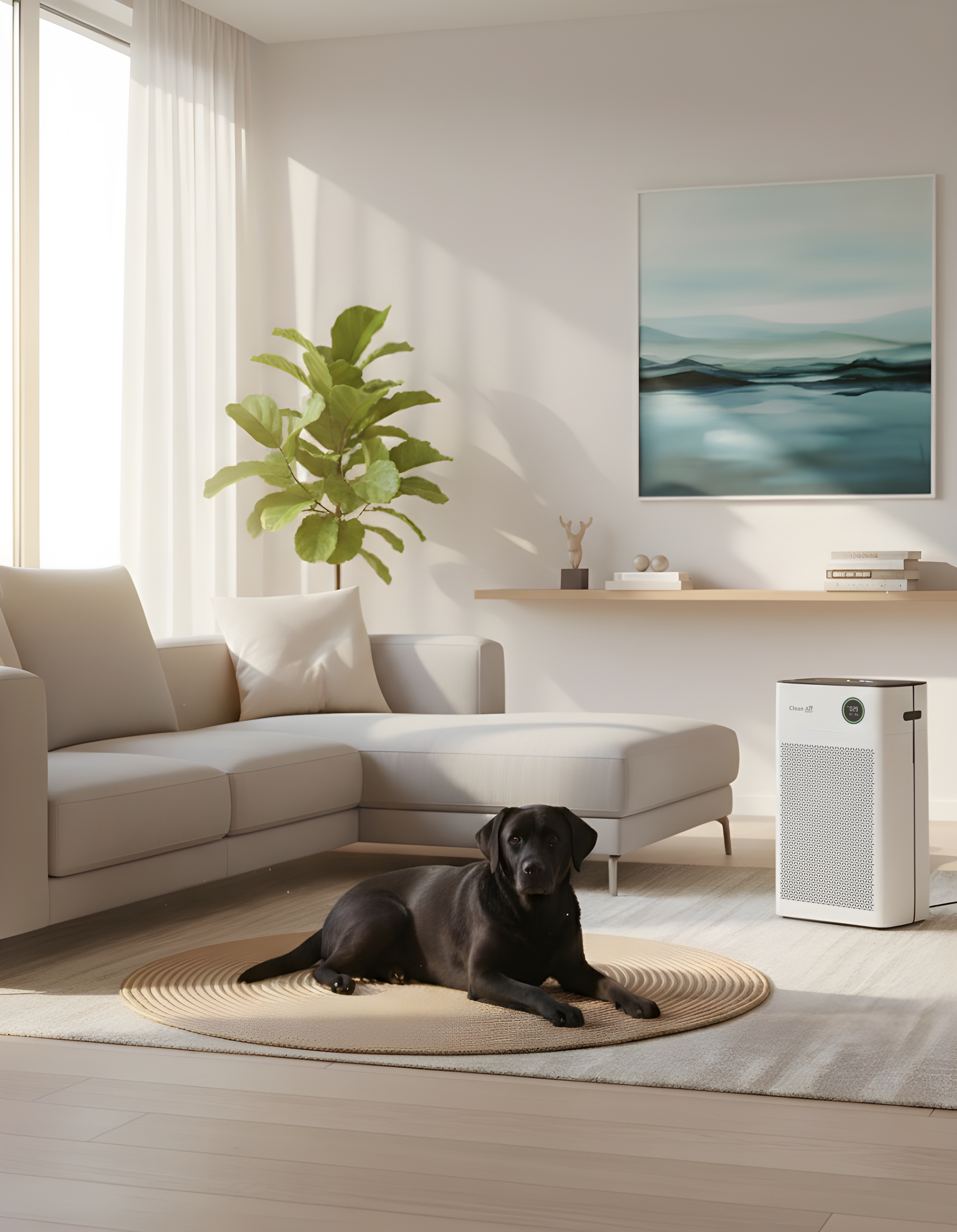Un Labrador noir est allongé sur un tapis rond dans un salon lumineux avec canapé et purificateur d'air.