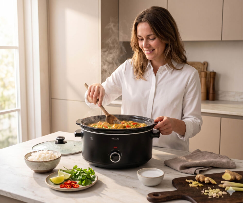 A woman stirs a slow cooker meal with rice, lime, and chili on the counter.