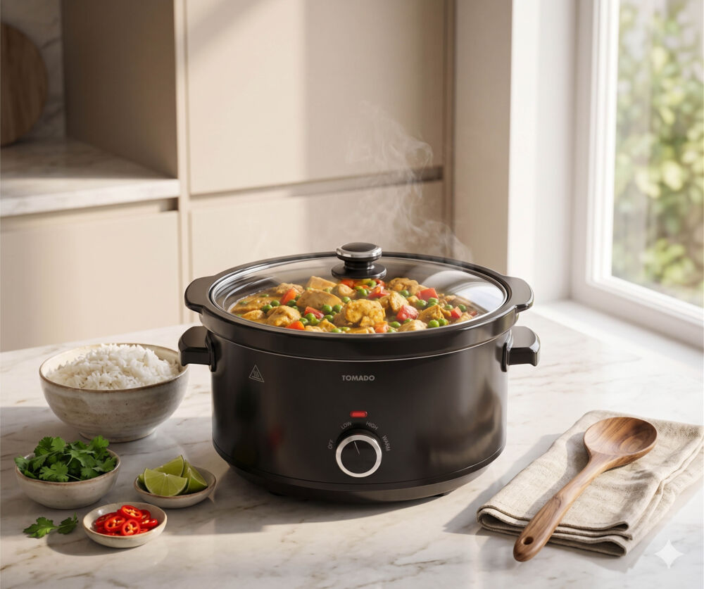 A black slow cooker with curry, rice, and side dishes.