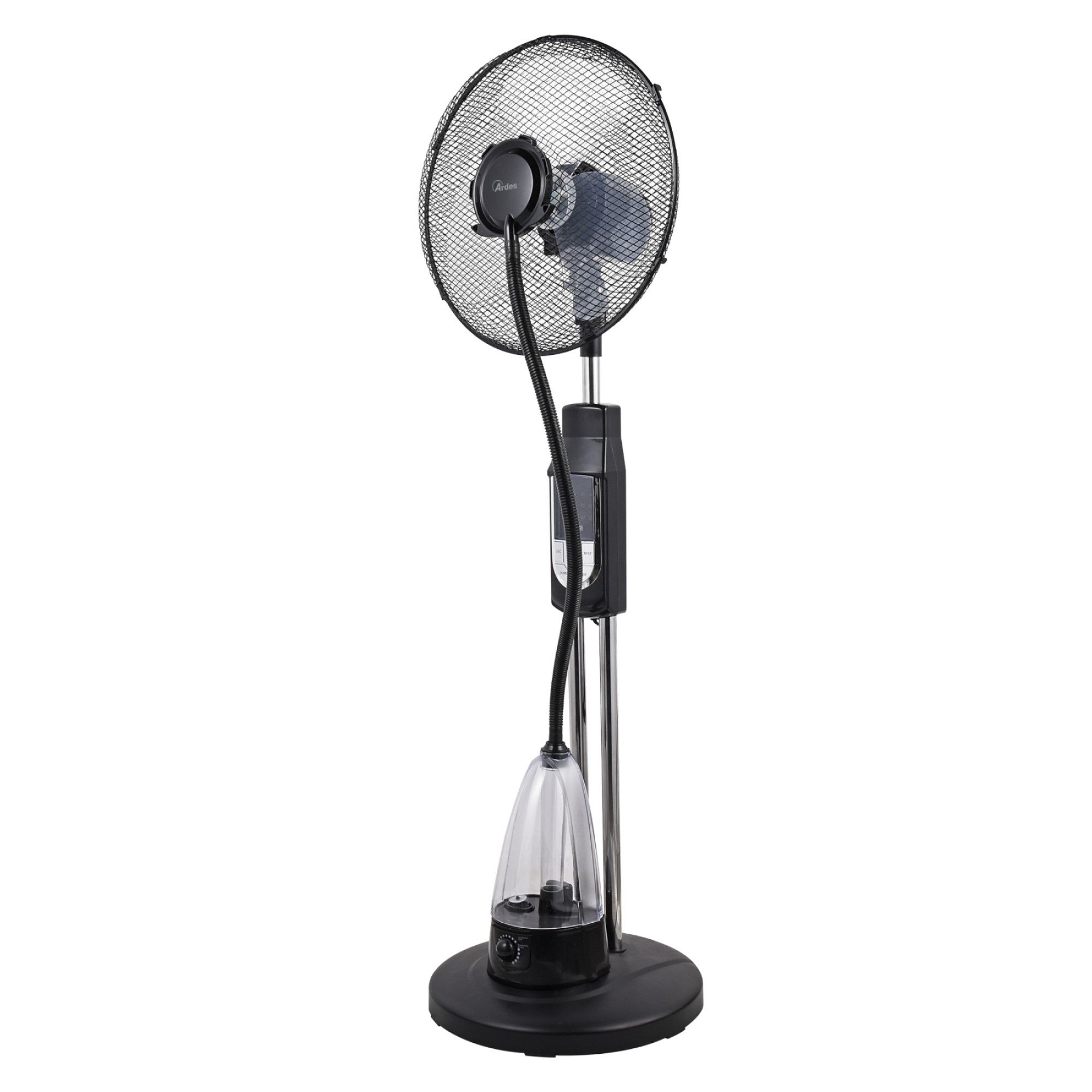 Een zwarte staande ventilator met nevel functie en transparante watertank.