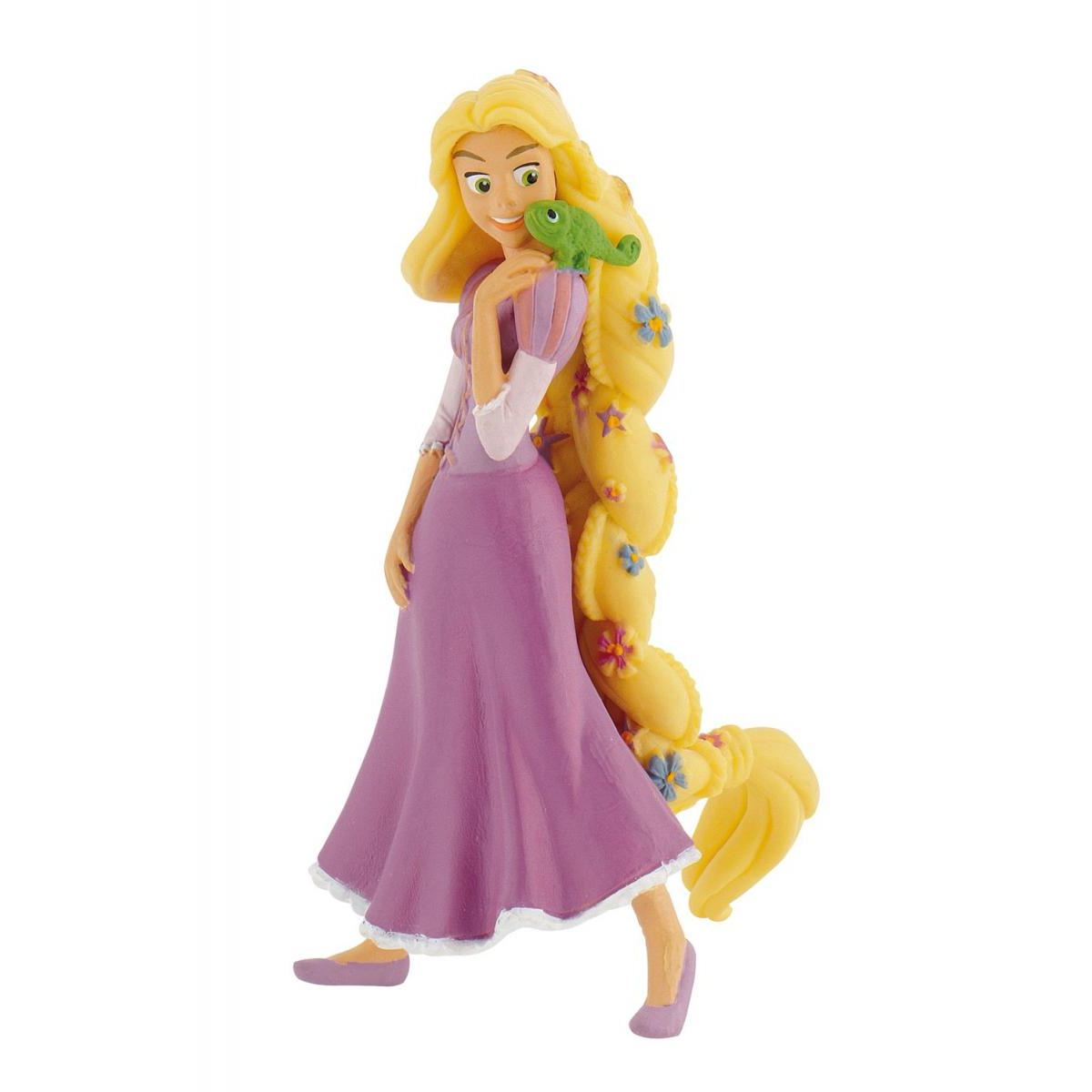Rapunzel Figur mit Pascal auf der Schulter, langes blondes Haar, lila Kleid.
