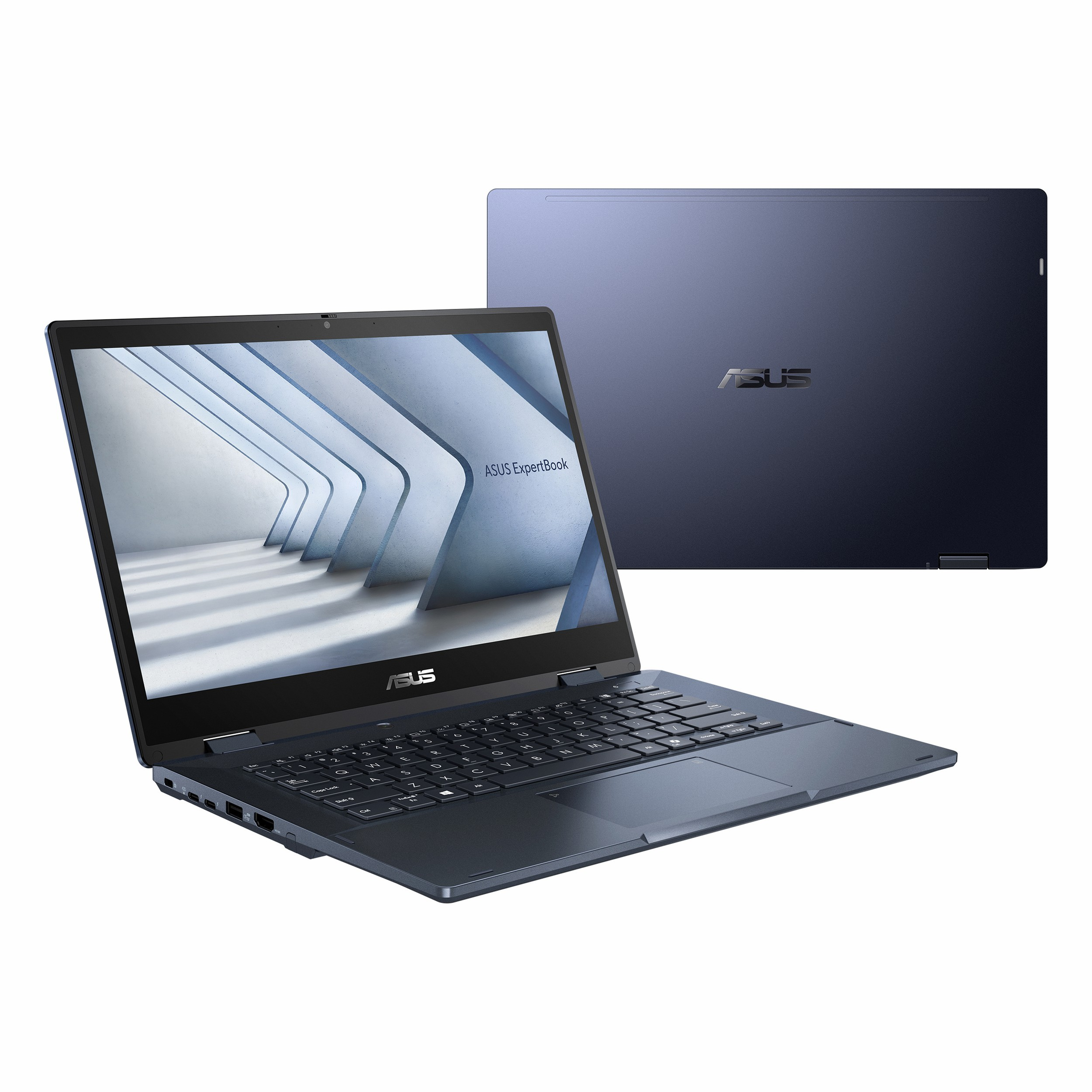 Önden görünen, aydınlatmalı ekranı ve klavyesi olan koyu mavi ASUS ExpertBook dizüstü bilgisayar.
