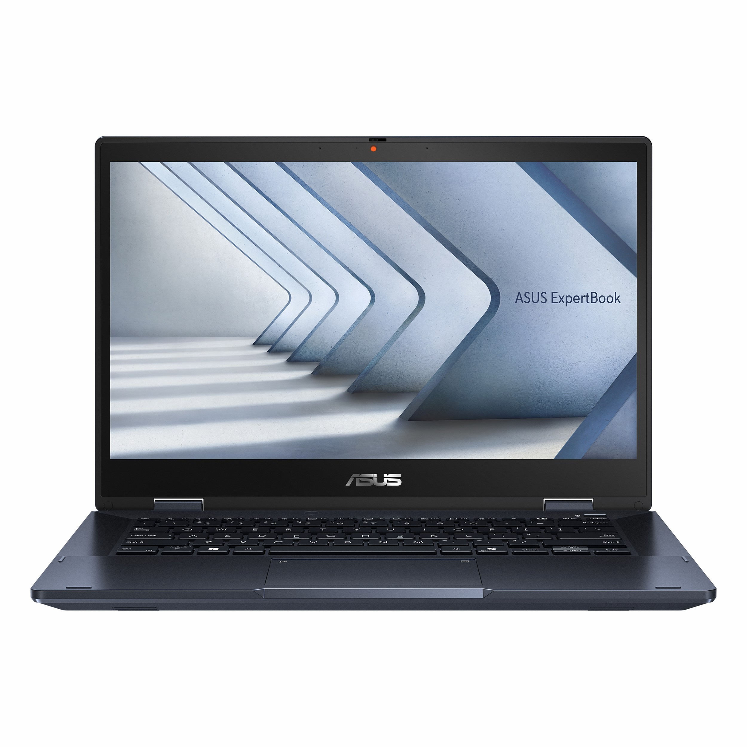 Koyu gri ASUS ExpertBook dönüştürülebilir dizüstü bilgisayar, klavyeli ve soyut arka planlı.