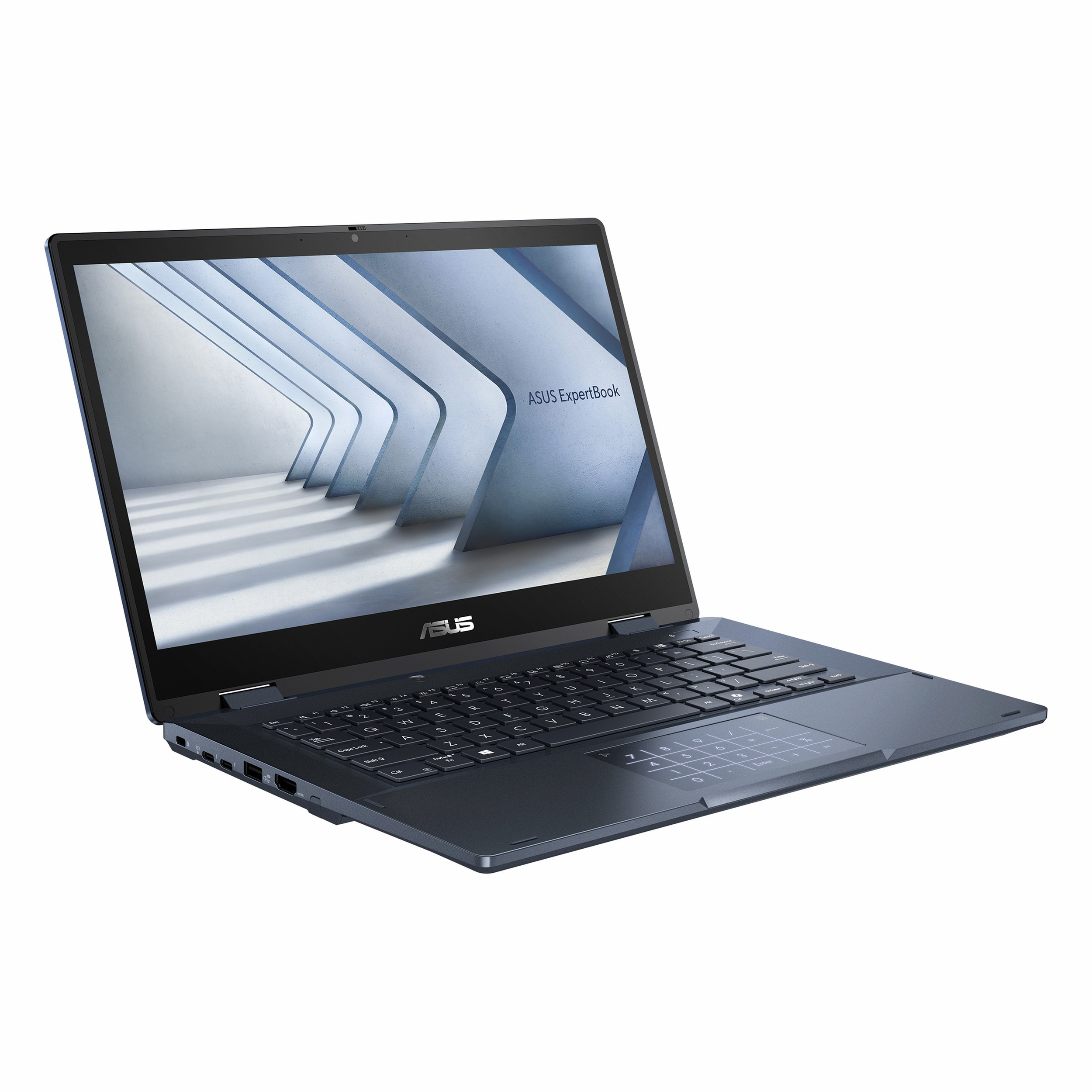 Klavye ve dokunmatik yüzeyi görünen, açık renk lacivert Asus ExpertBook dizüstü bilgisayar.