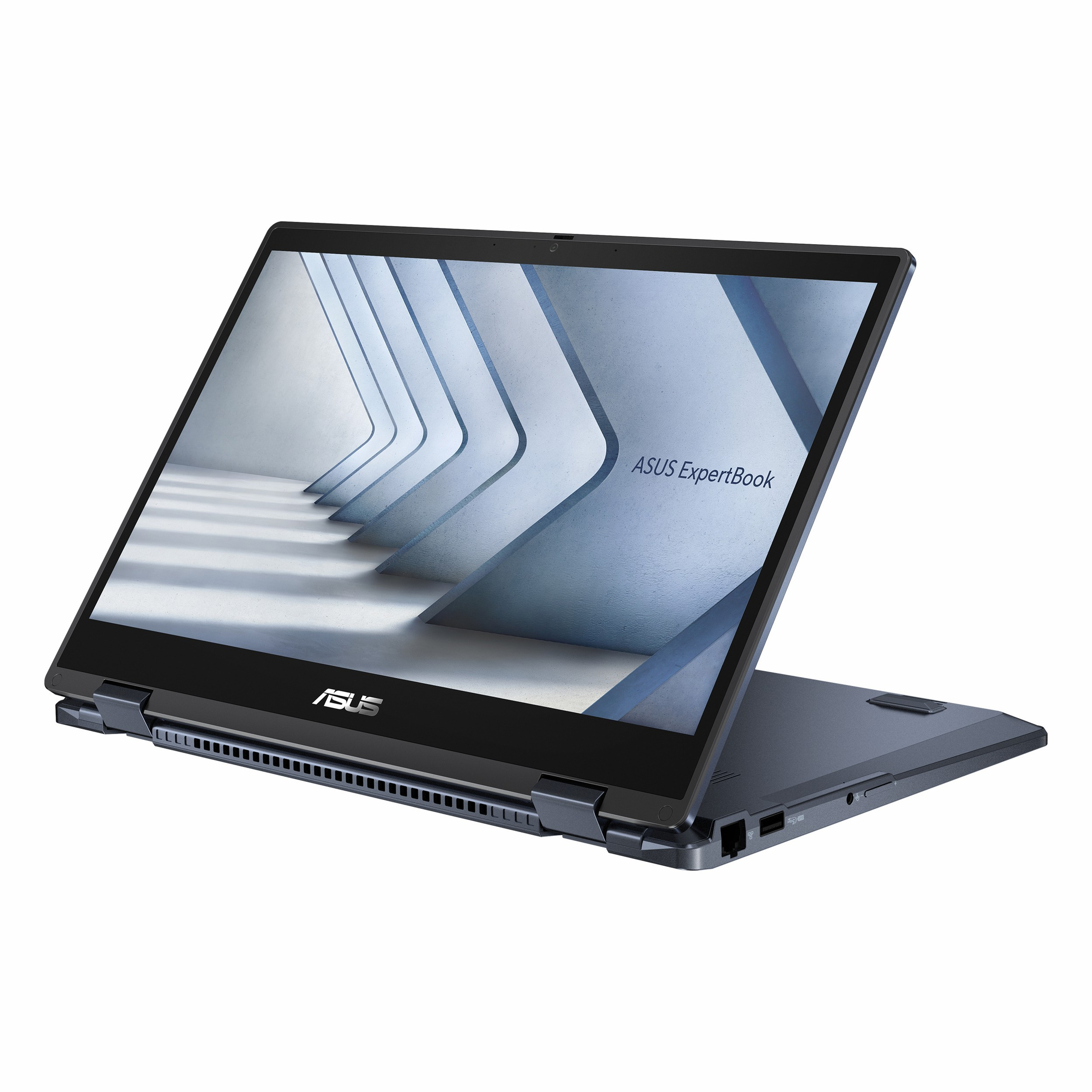 Beyaz arka planda açık koyu gri ASUS ExpertBook dizüstü bilgisayar. Ekran modern bir mimari tasarım gösteriyor.