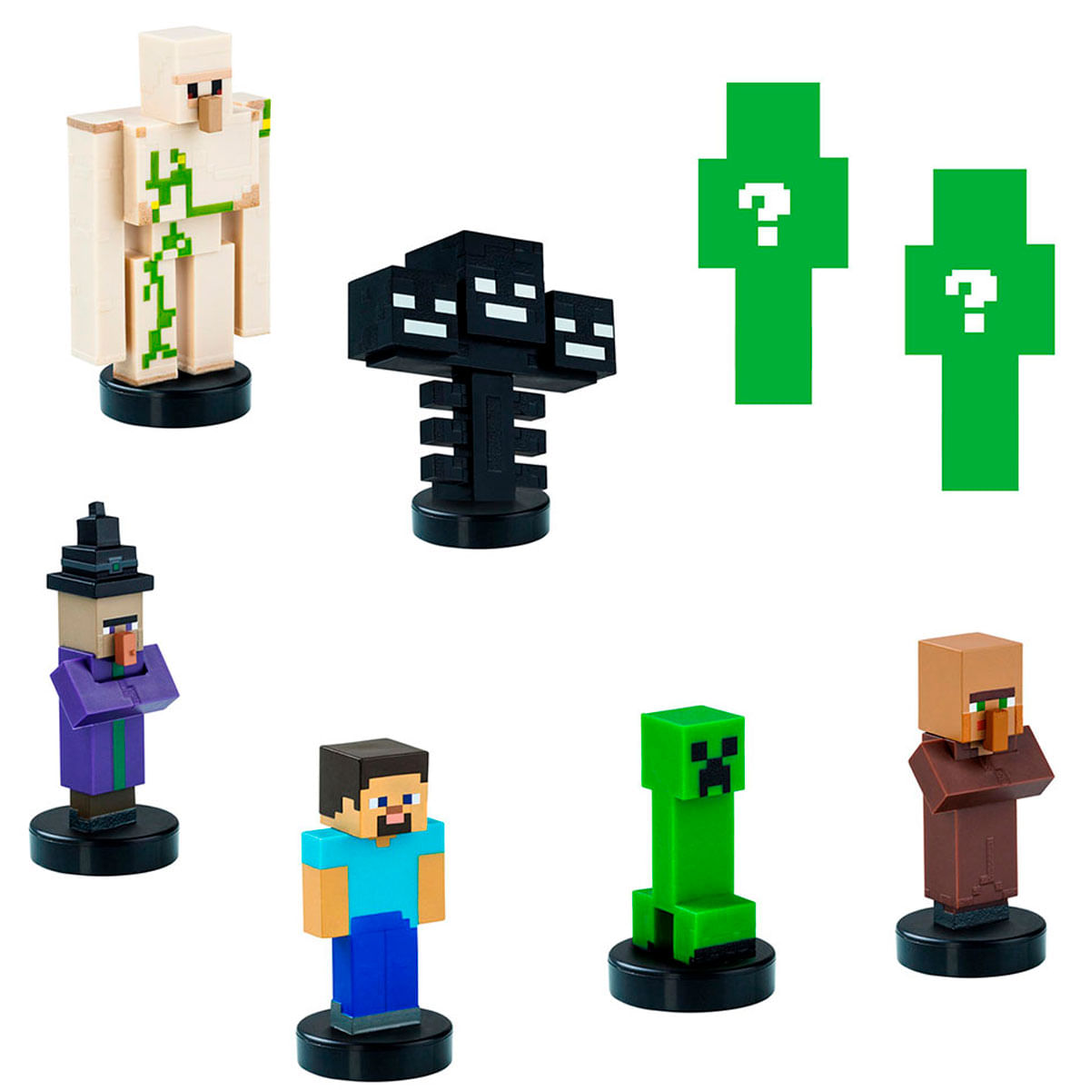 Figuras de Minecraft: Golem de Hierro, Wither, Bruja, Steve, Creeper, Aldeano y 2 signos de interrogación.