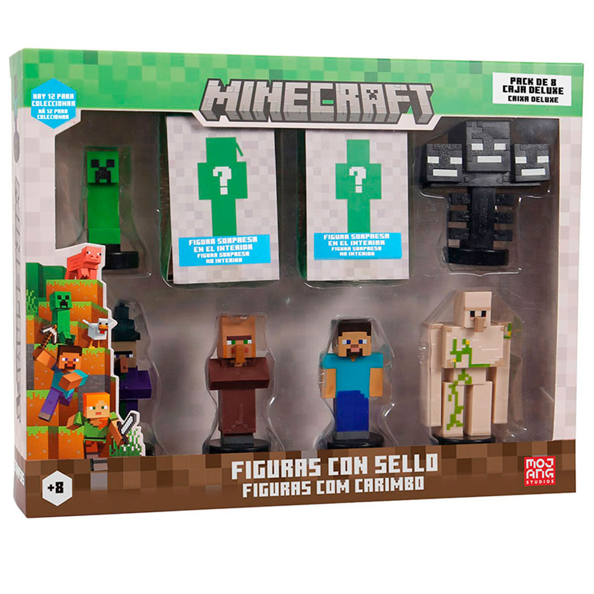 Set de figuras de Minecraft con Creeper, cerdo, Steve, aldeano y golem.