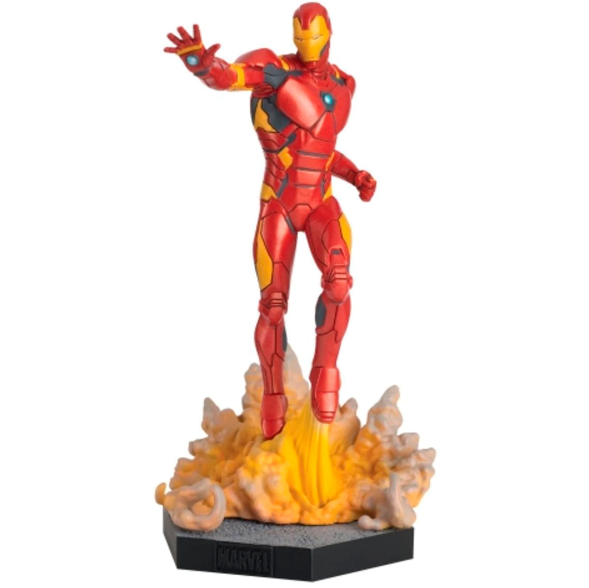 Figura de Iron Man en rojo y amarillo, flotando sobre una base de llamas.