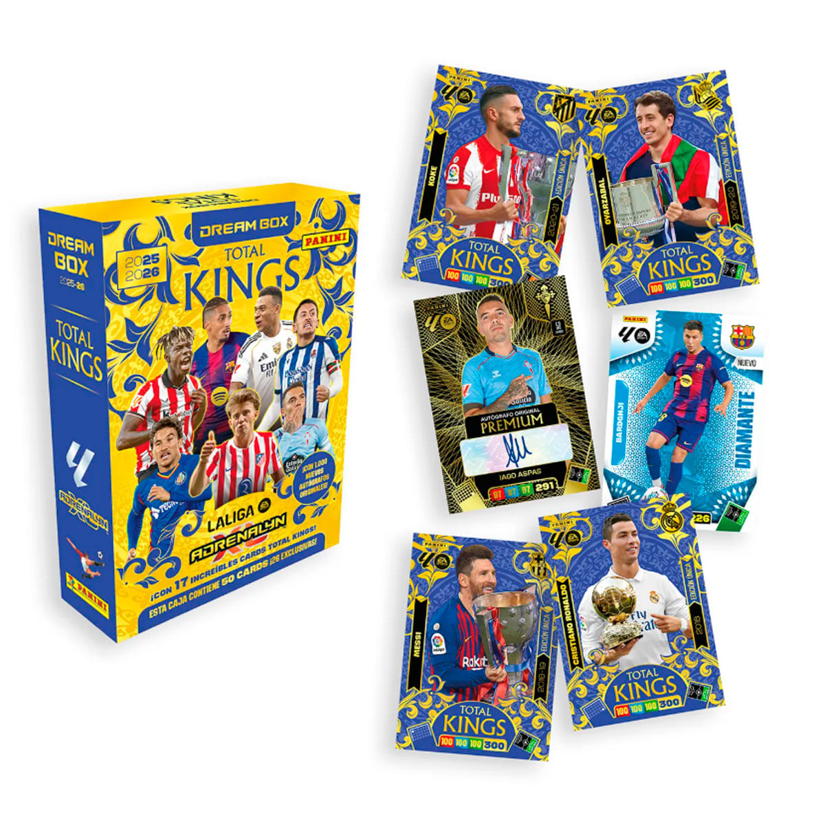 Caja de cromos Panini Total Kings y varias tarjetas de jugadores de fútbol.