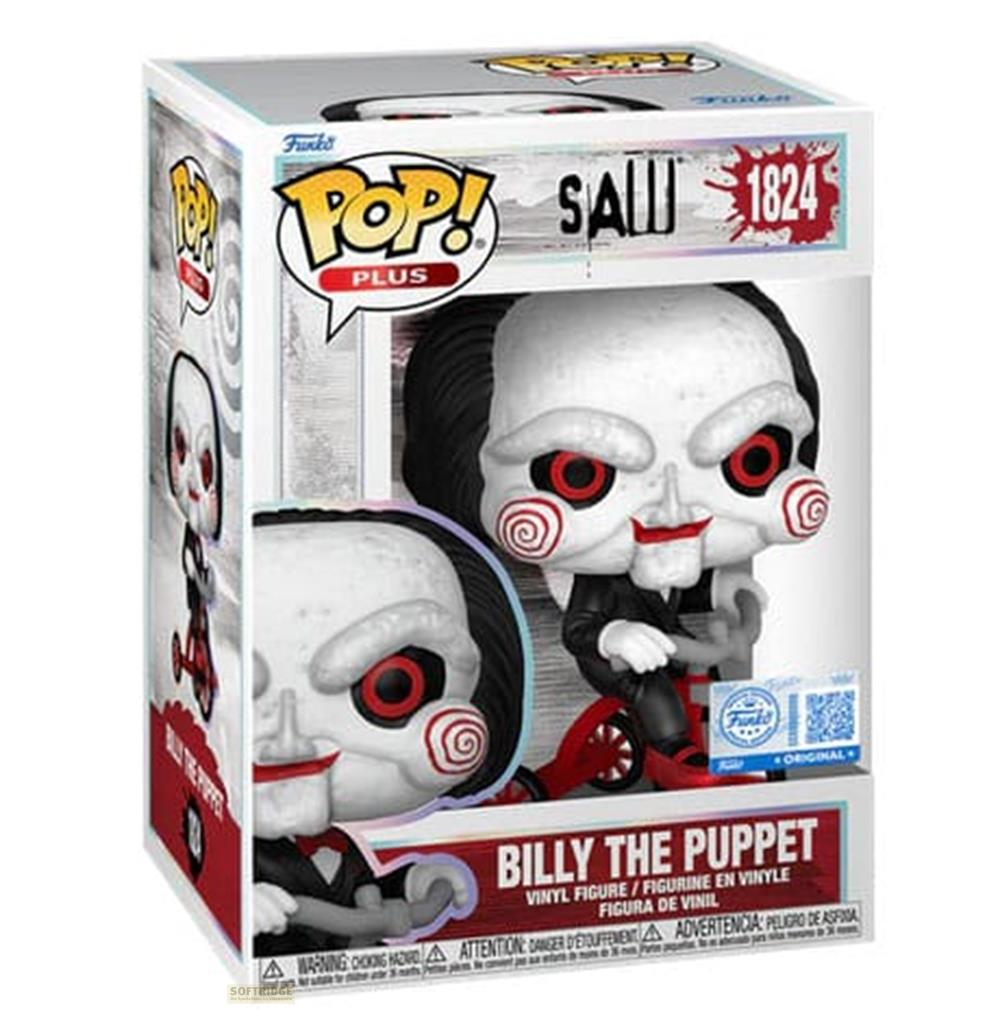 Funko Pop! Billy el títere de Saw en un triciclo rojo, en una caja.