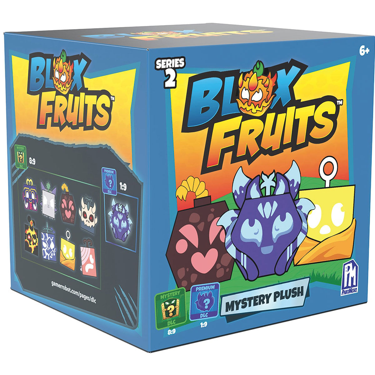 Caja azul con marca Blox Fruits Serie 2 Mystery Plush.