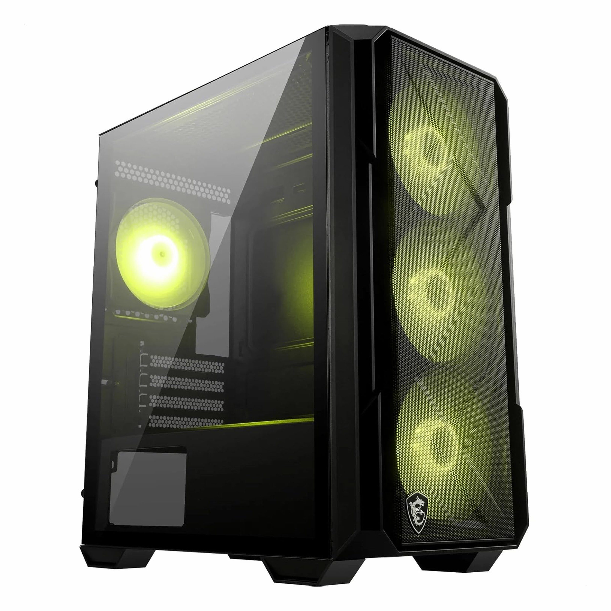 Cam önlü, üç sarı fanlı ve MSI logolu siyah bilgisayar kasası.