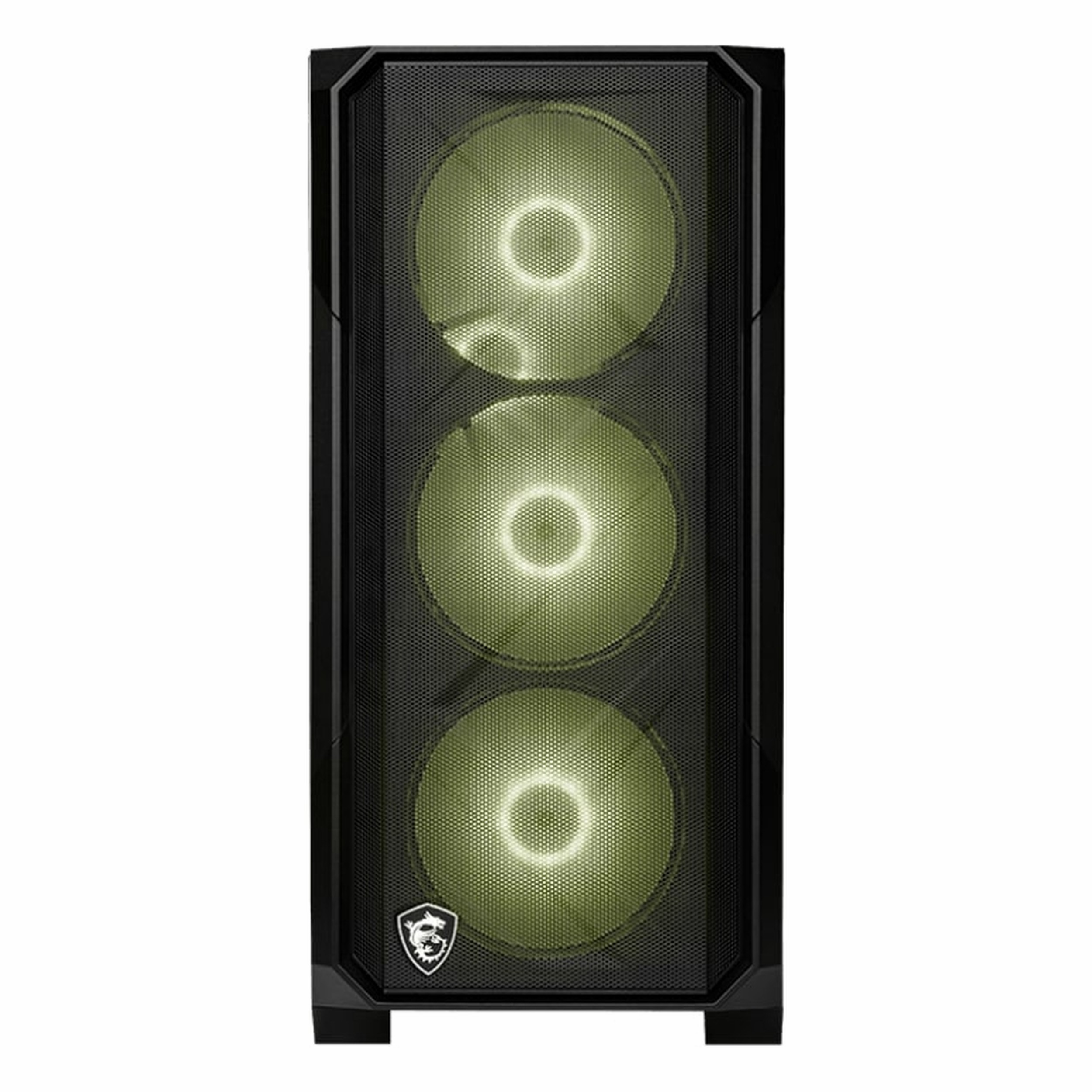 Logolu, üç aydınlatmalı fanı olan siyah PC kasası.