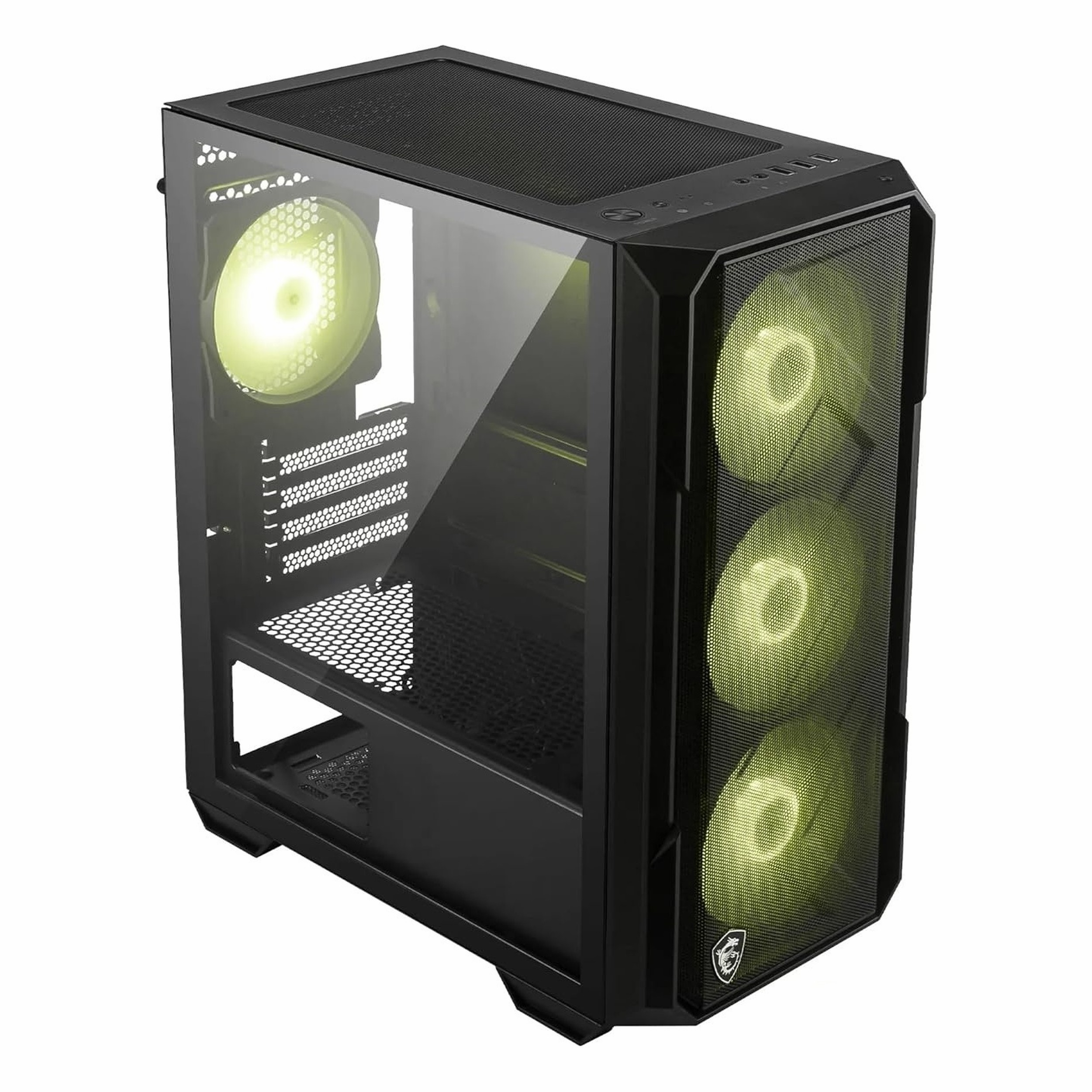Cam yan panel ve aydınlatmalı sarı fanlara sahip siyah PC kasası.