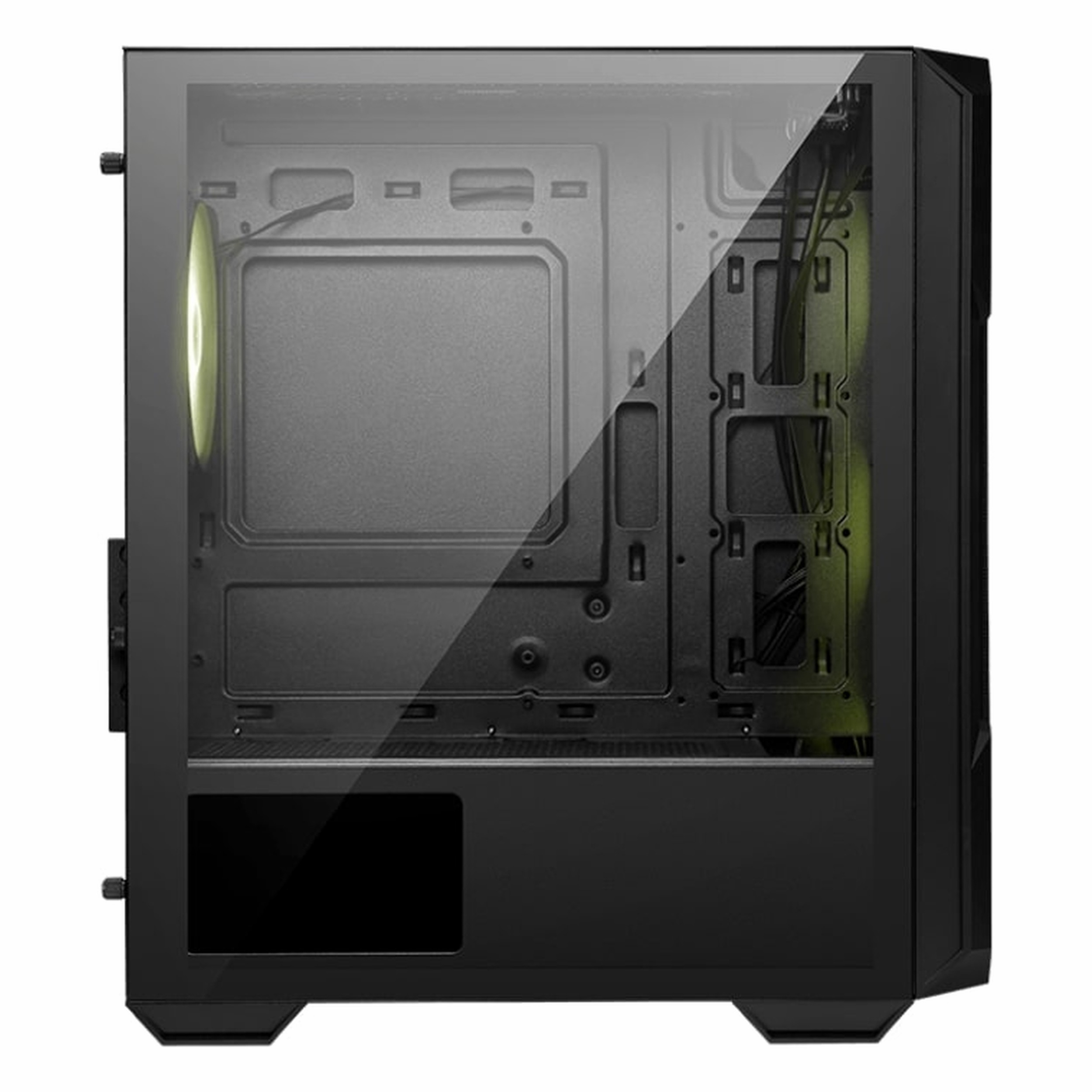 Yeşil fan aydınlatmalı, cam yan panelli siyah PC kasası.