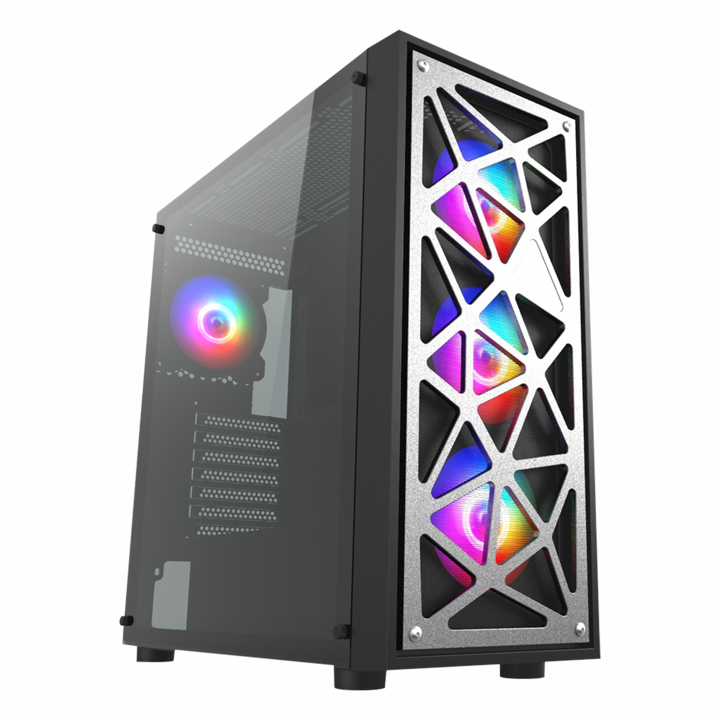 RGB aydınlatmalı, cam yan panele sahip siyah bilgisayar kasası.