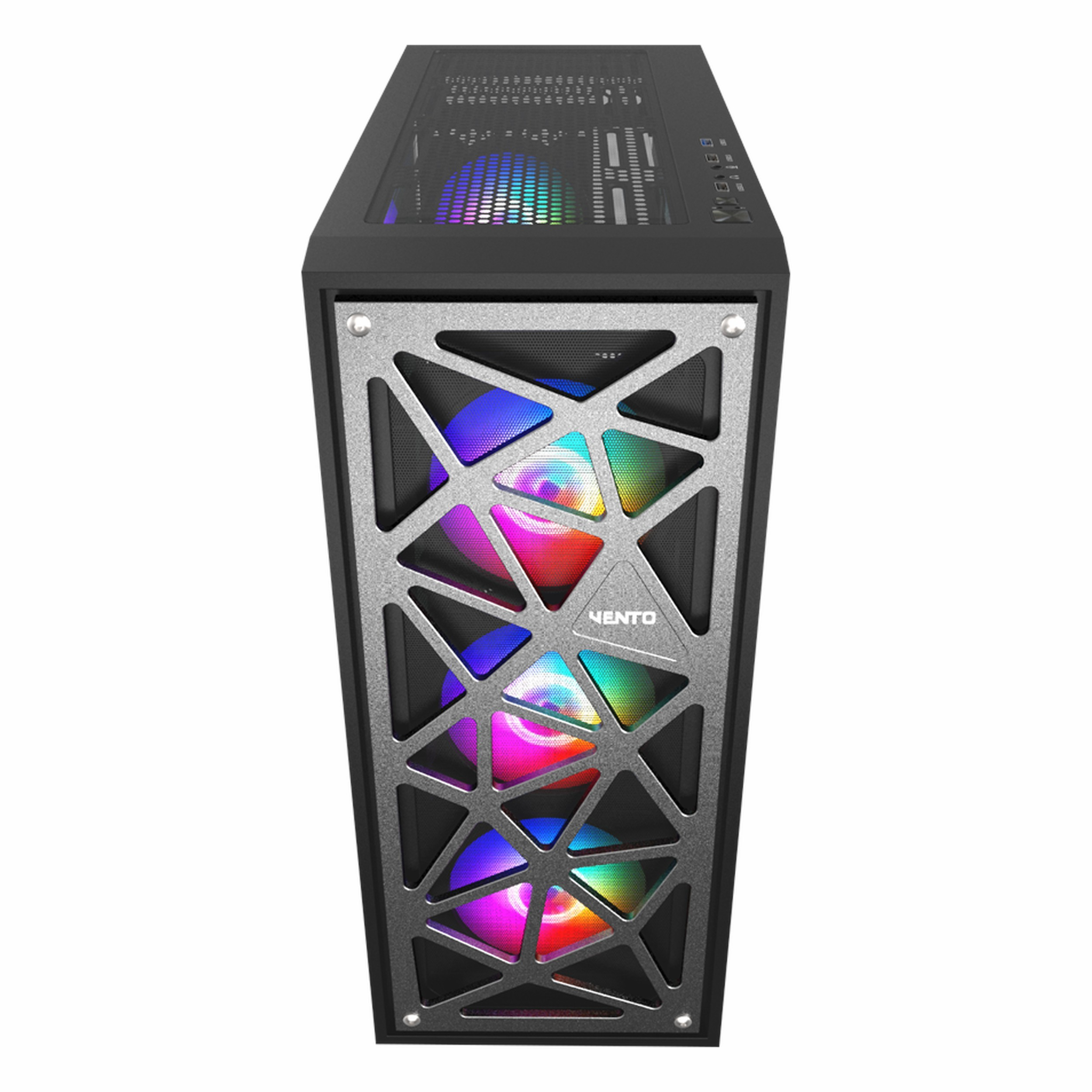 RGB fanlı, gümüş geometrik ön panelli siyah bilgisayar kasası.