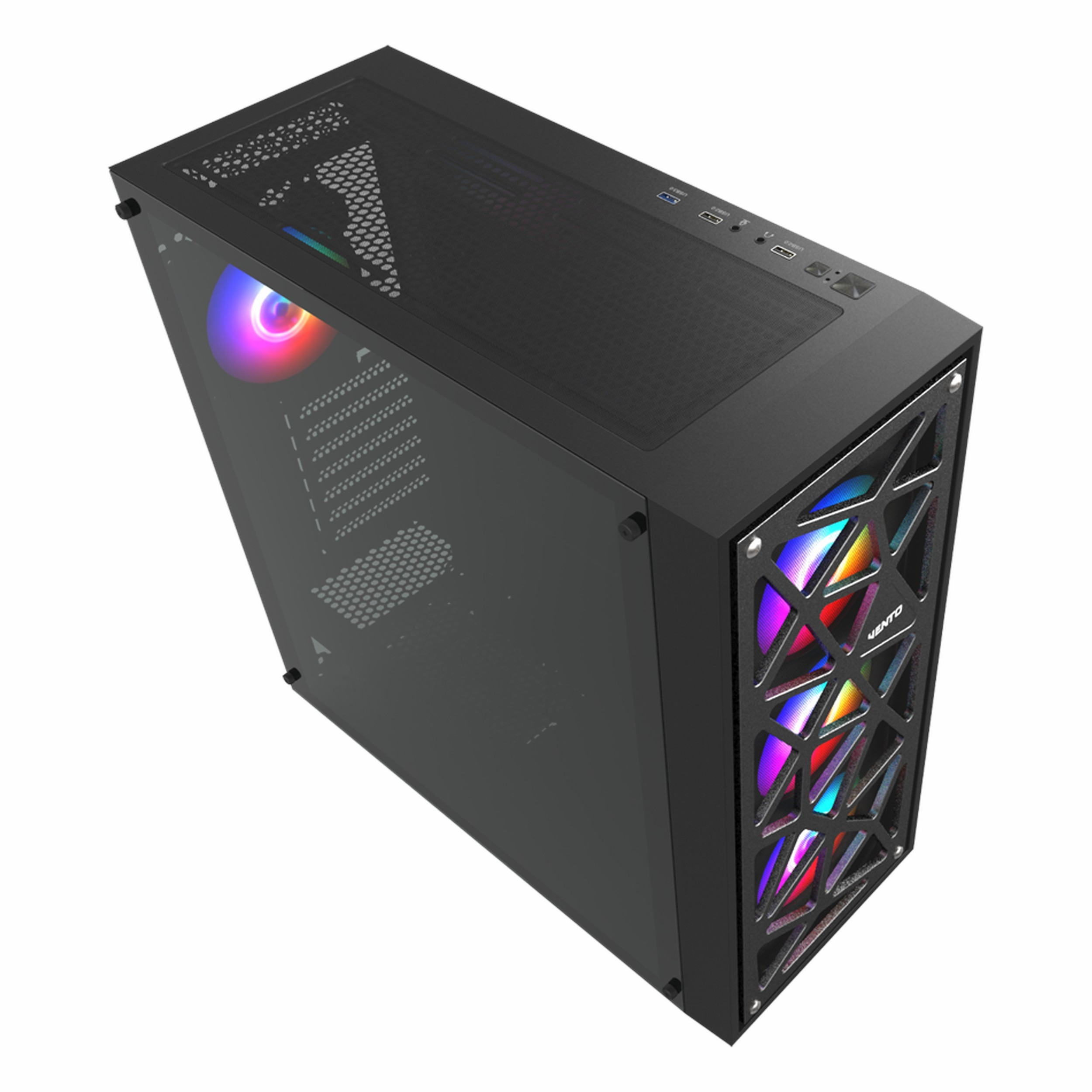 Cam yan panel, RGB fanlar ve üst güç düğmesi bulunan siyah PC kasası.