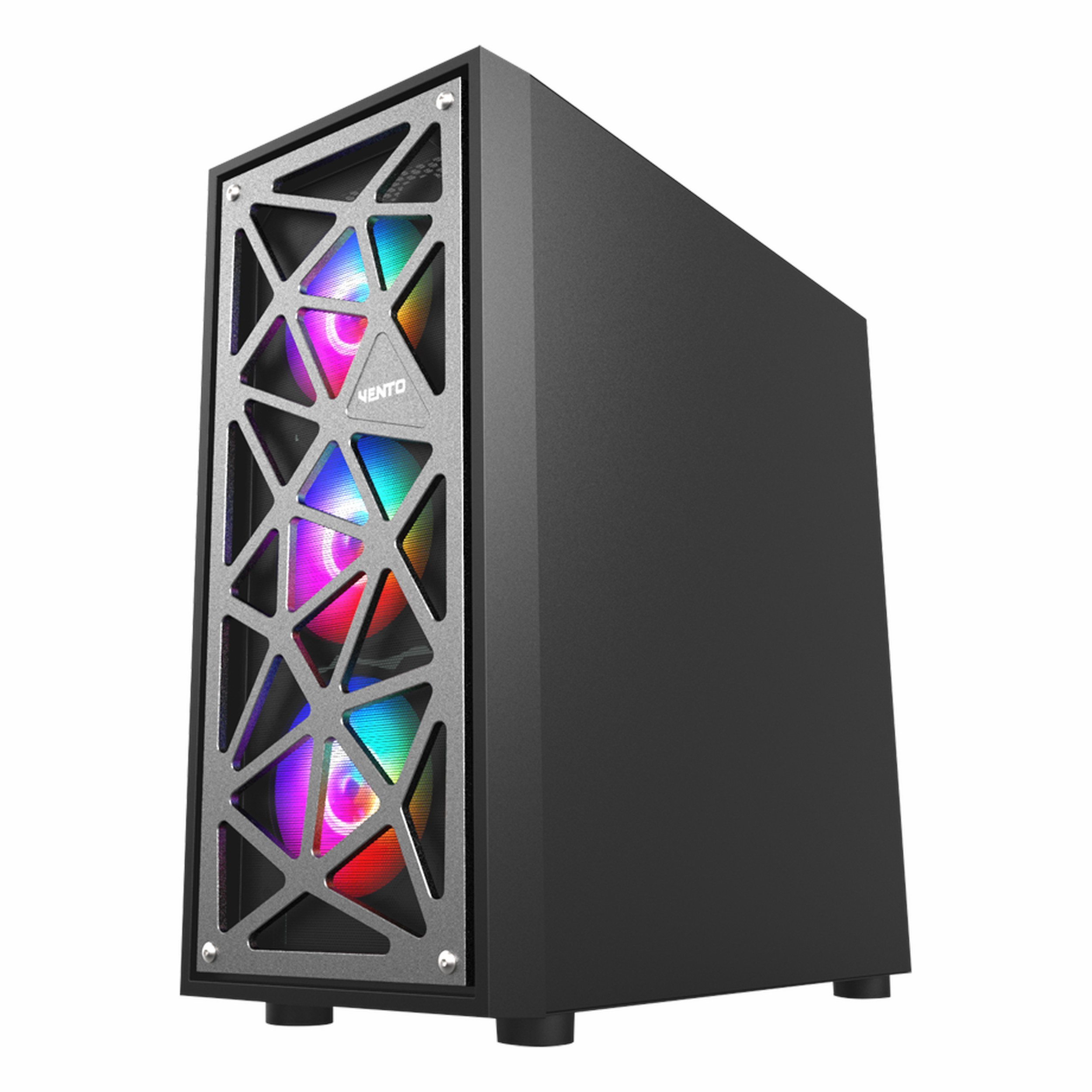 Işıklı fanları ve geometrik ön ızgarası olan siyah PC kasası.