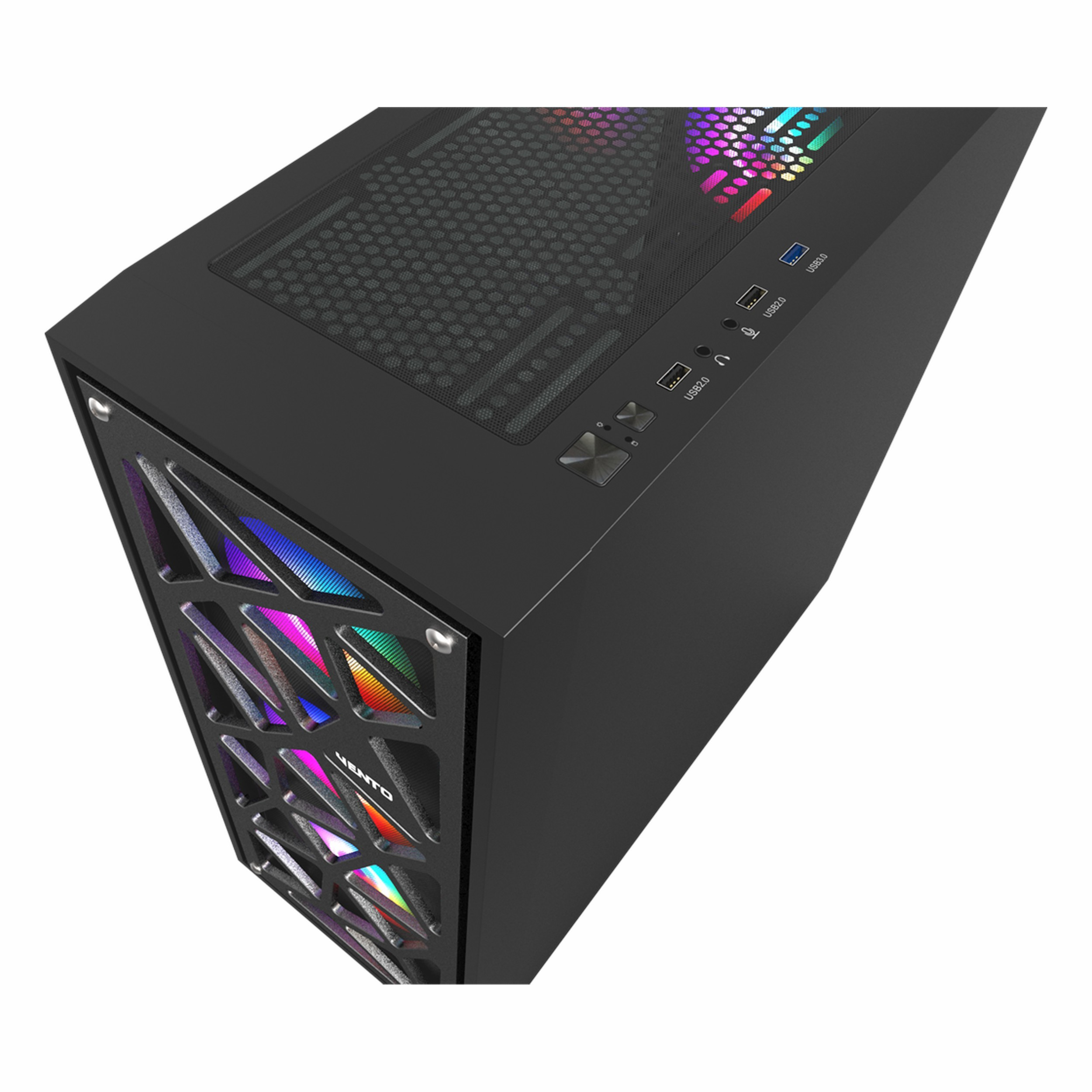 RGB fanlı ve üst portlu siyah PC kasası.