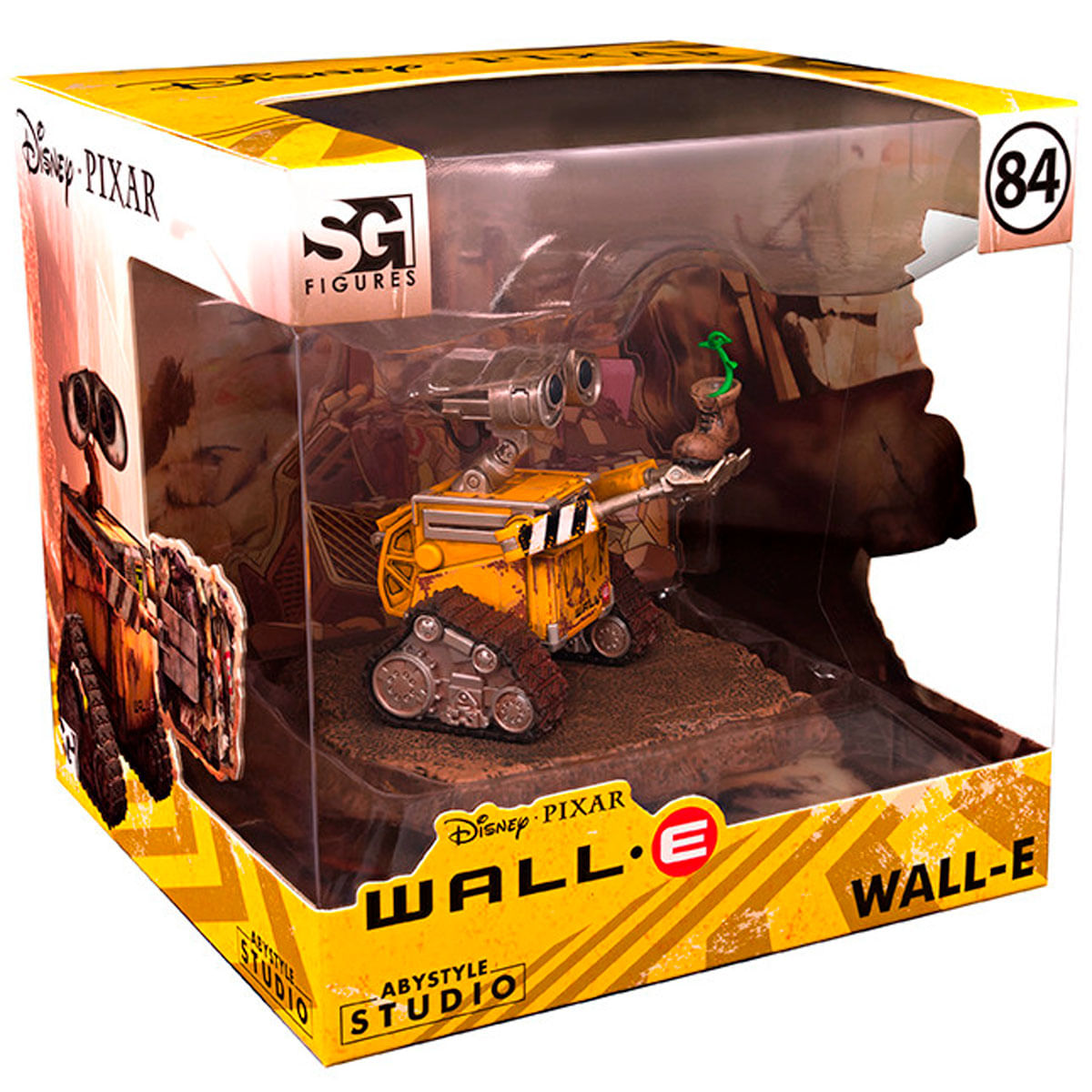 Juguete de Wall-E en embalaje. La caja muestra a Wall-E sosteniendo una planta en una bota.