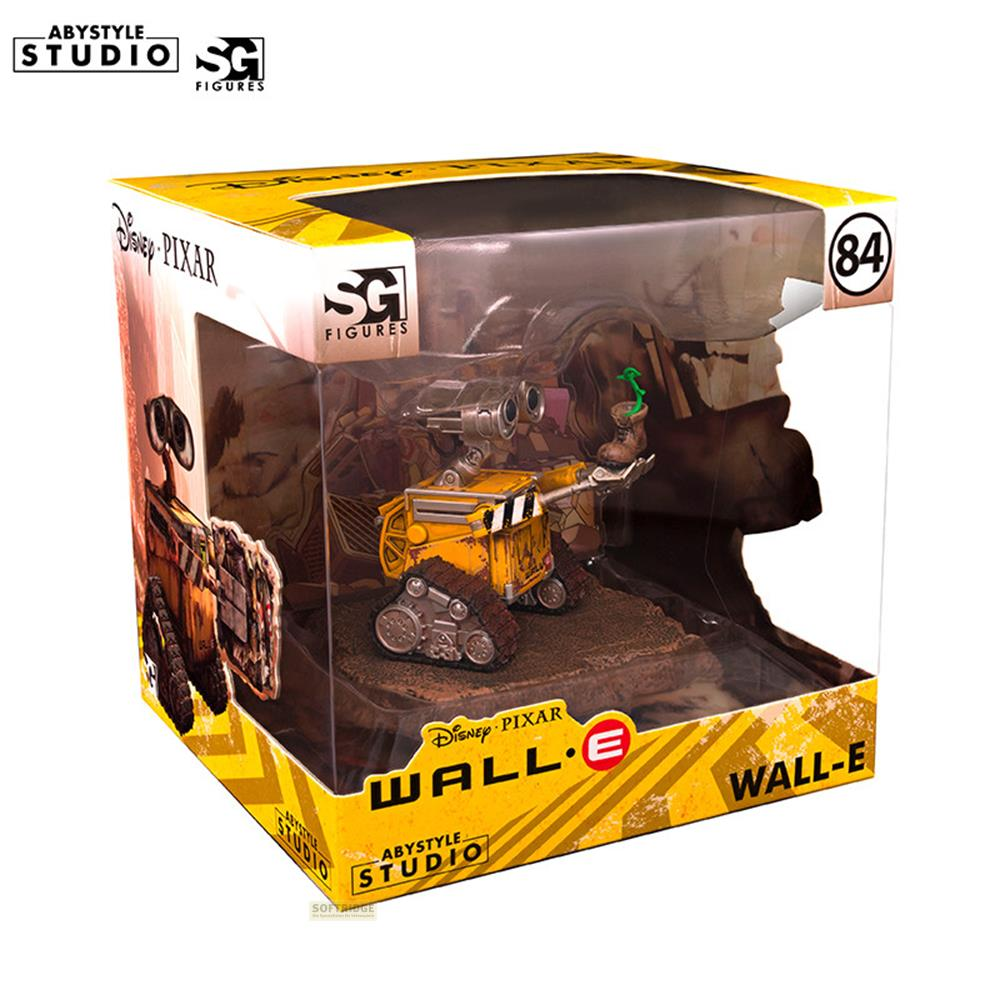 Figura de juguete de Wall-E en embalaje. Se presentan los robots Wall-E y EVE. Logo de Disney Pixar visible.