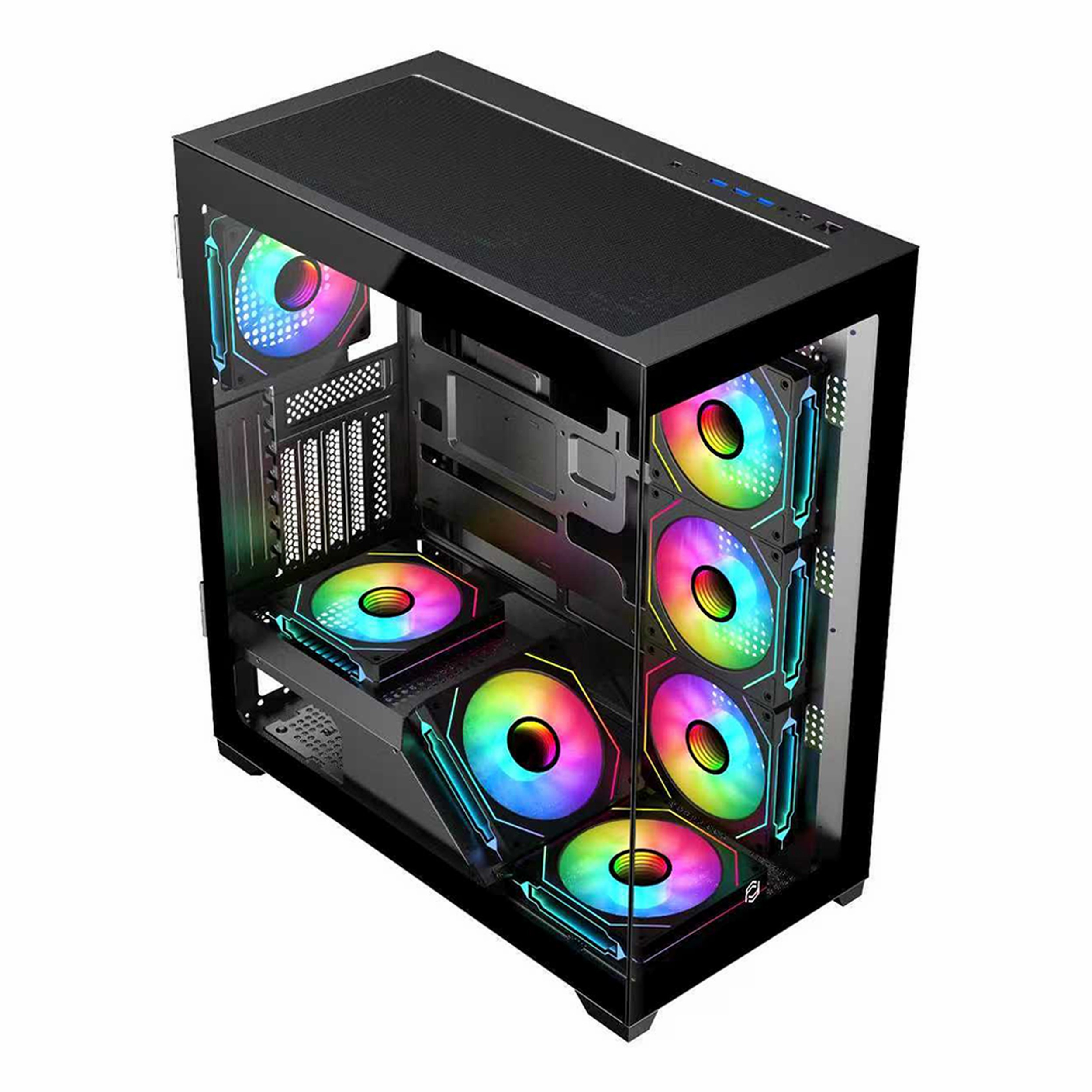 Sekiz RGB fanlı ve cam önlü siyah PC kasası.