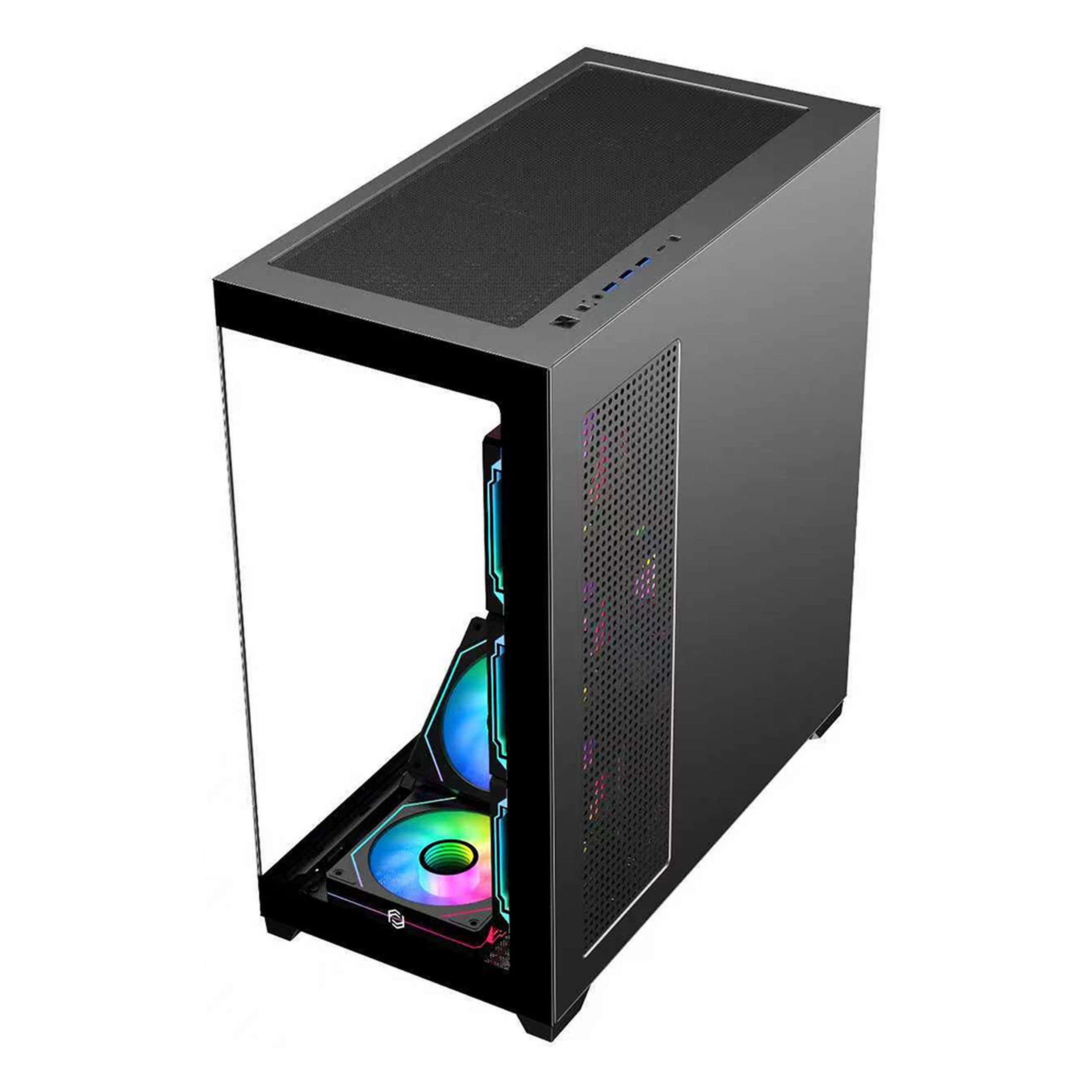Cam ön ve RGB fanlı siyah bilgisayar kasası.