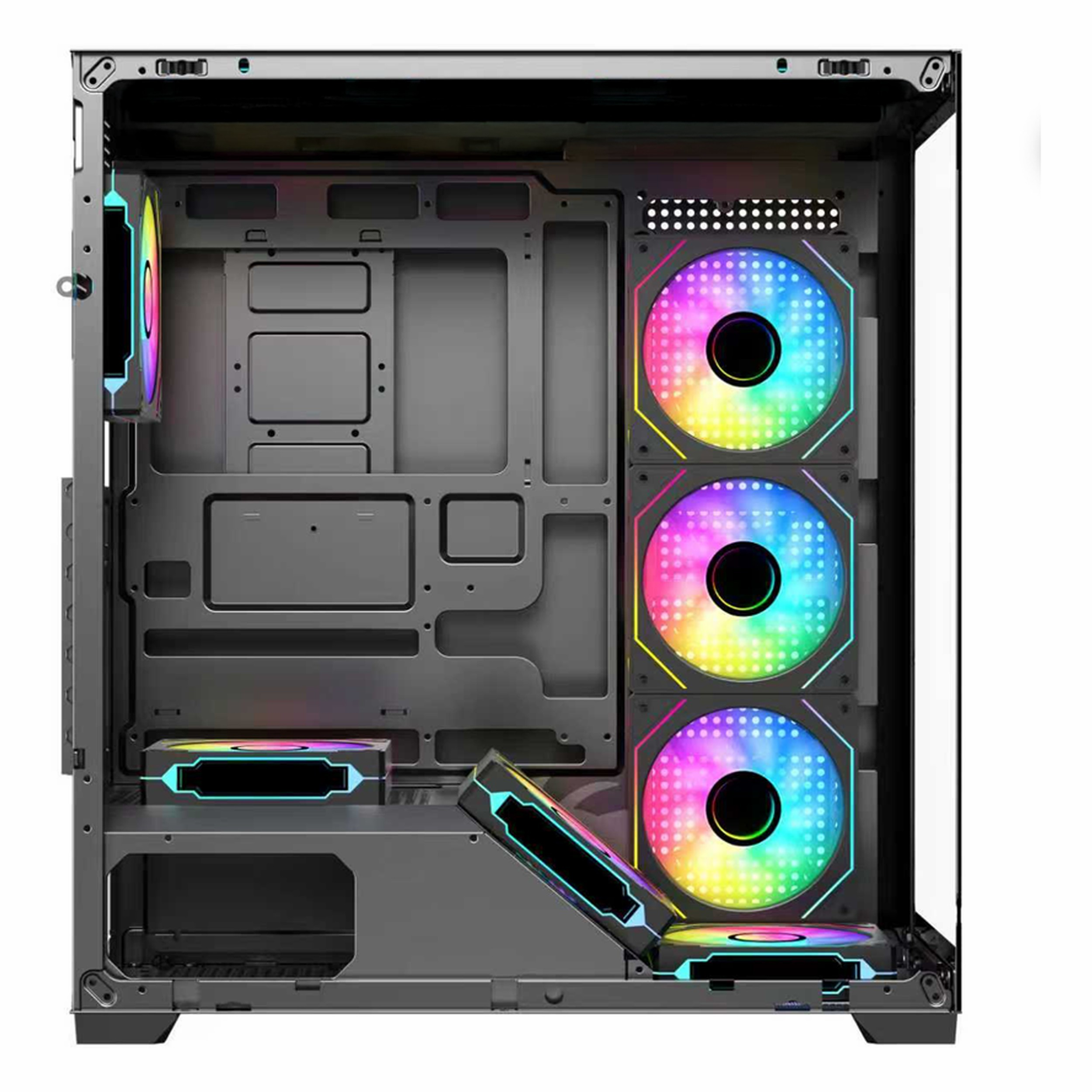 RGB fanlar ve ışıklar içeren boş bir bilgisayar kasası.