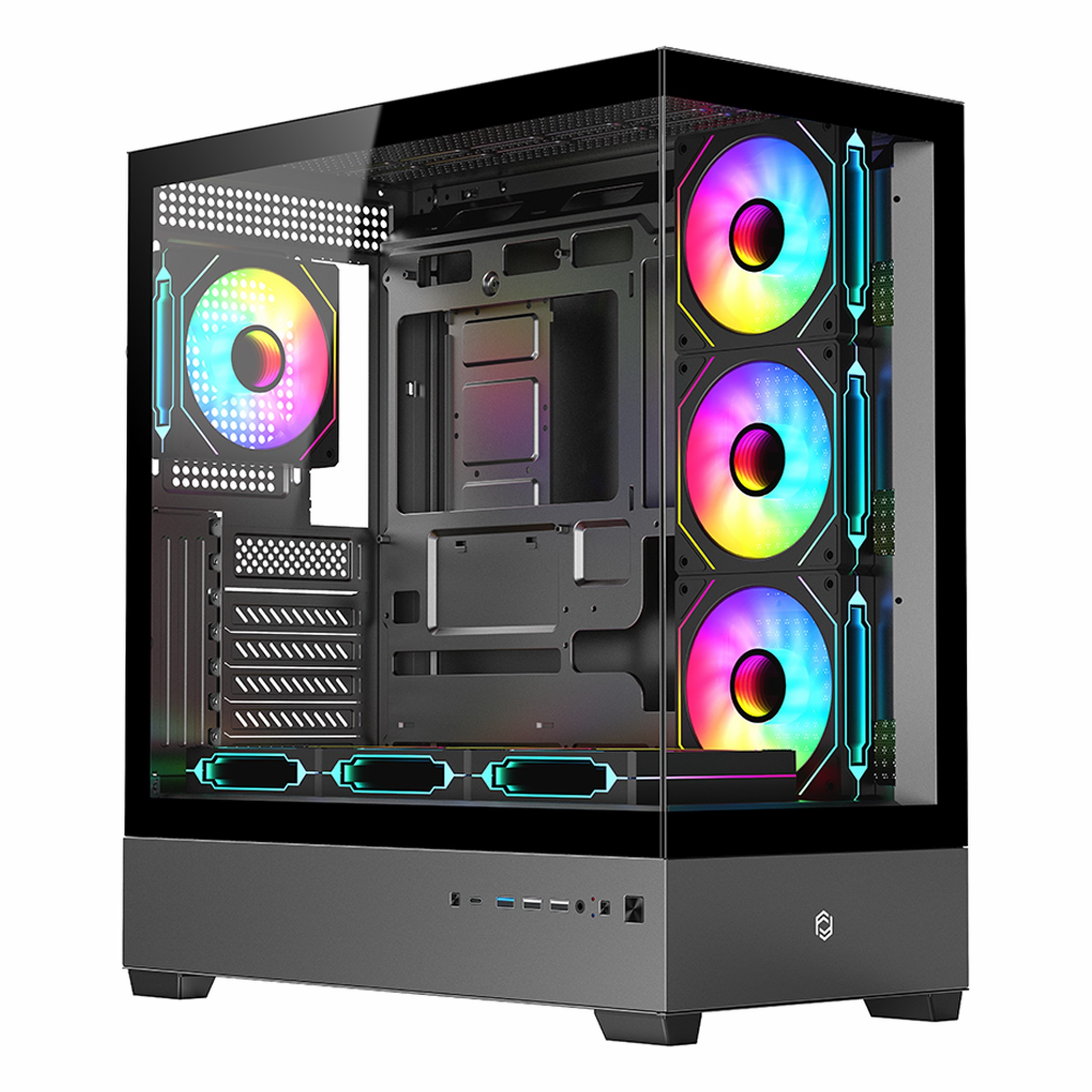 Cam ön ve RGB fanlı siyah bilgisayar kasası.