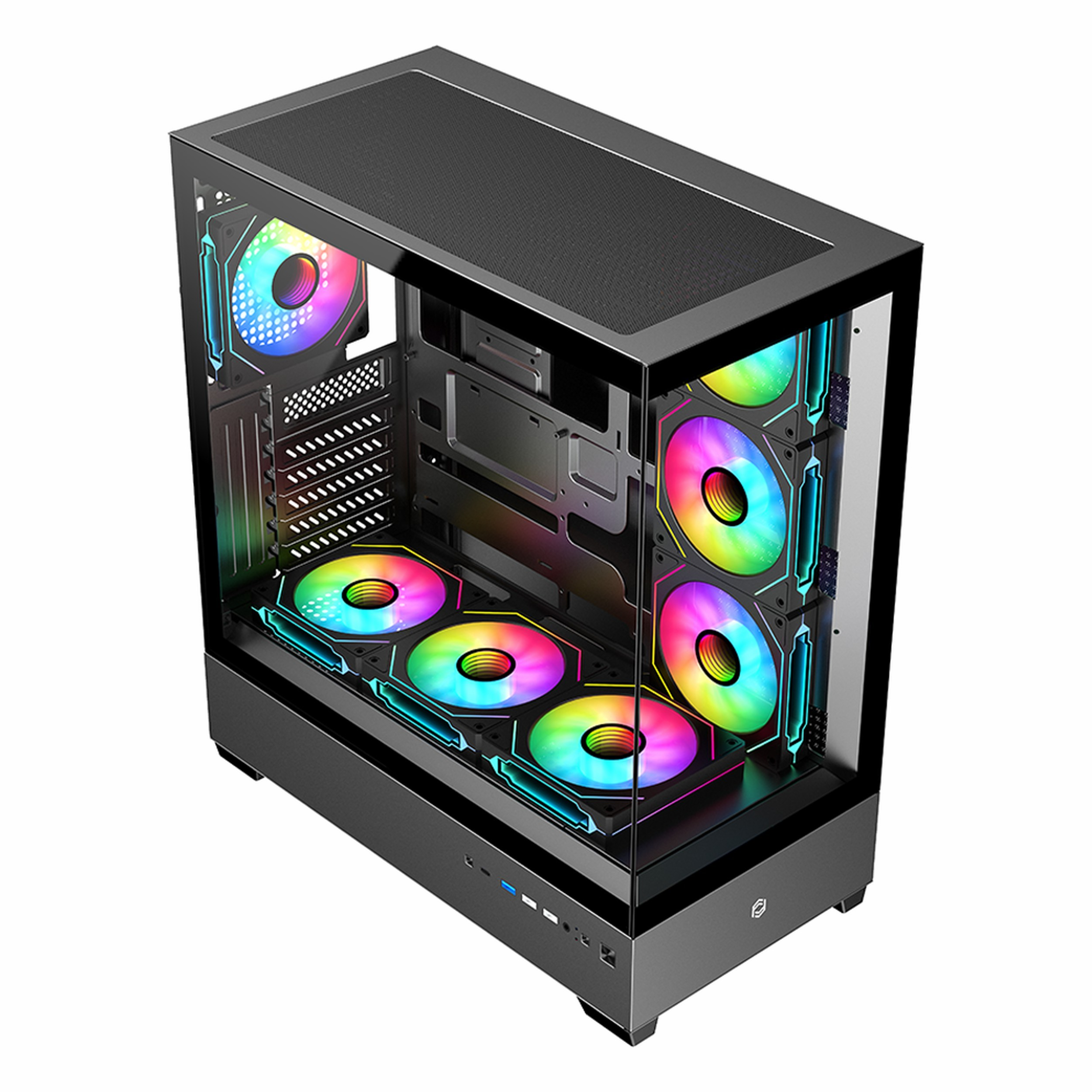 Cam ön ve RGB fanlı siyah PC kasası.