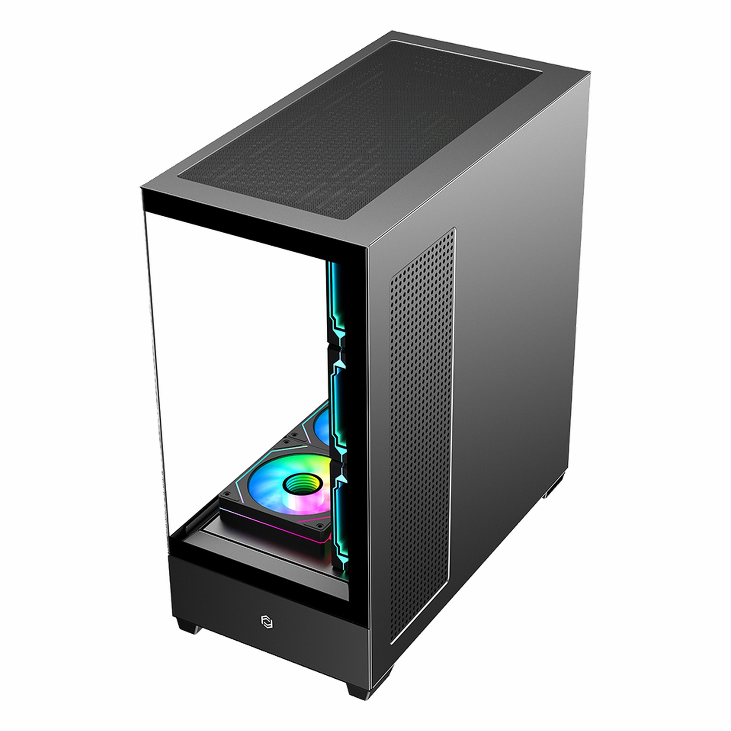 Cam ön ve RGB fanlara sahip siyah PC kasası.