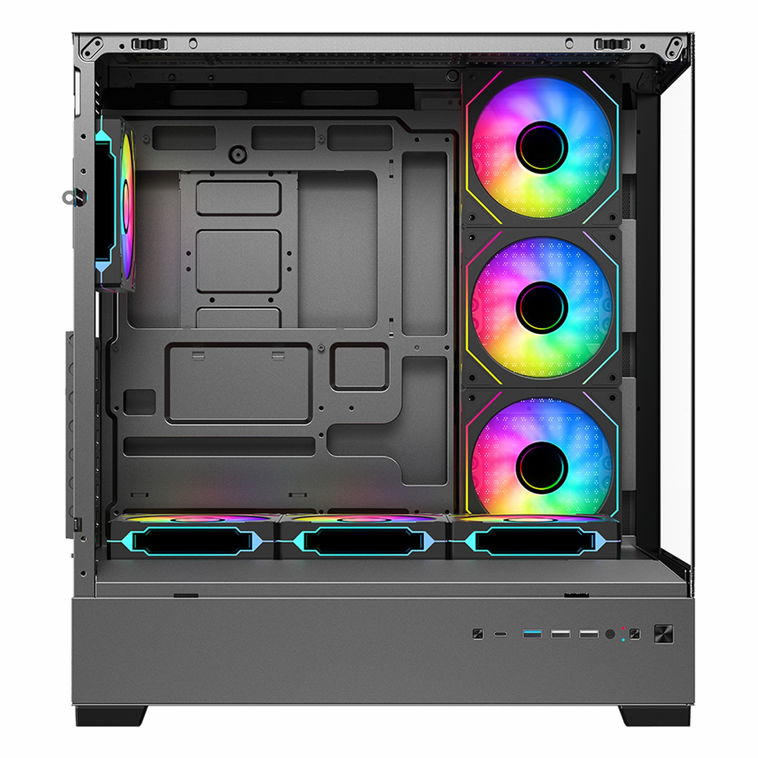 RGB fanları ve ön panel portları olan boş bir bilgisayar kasası.
