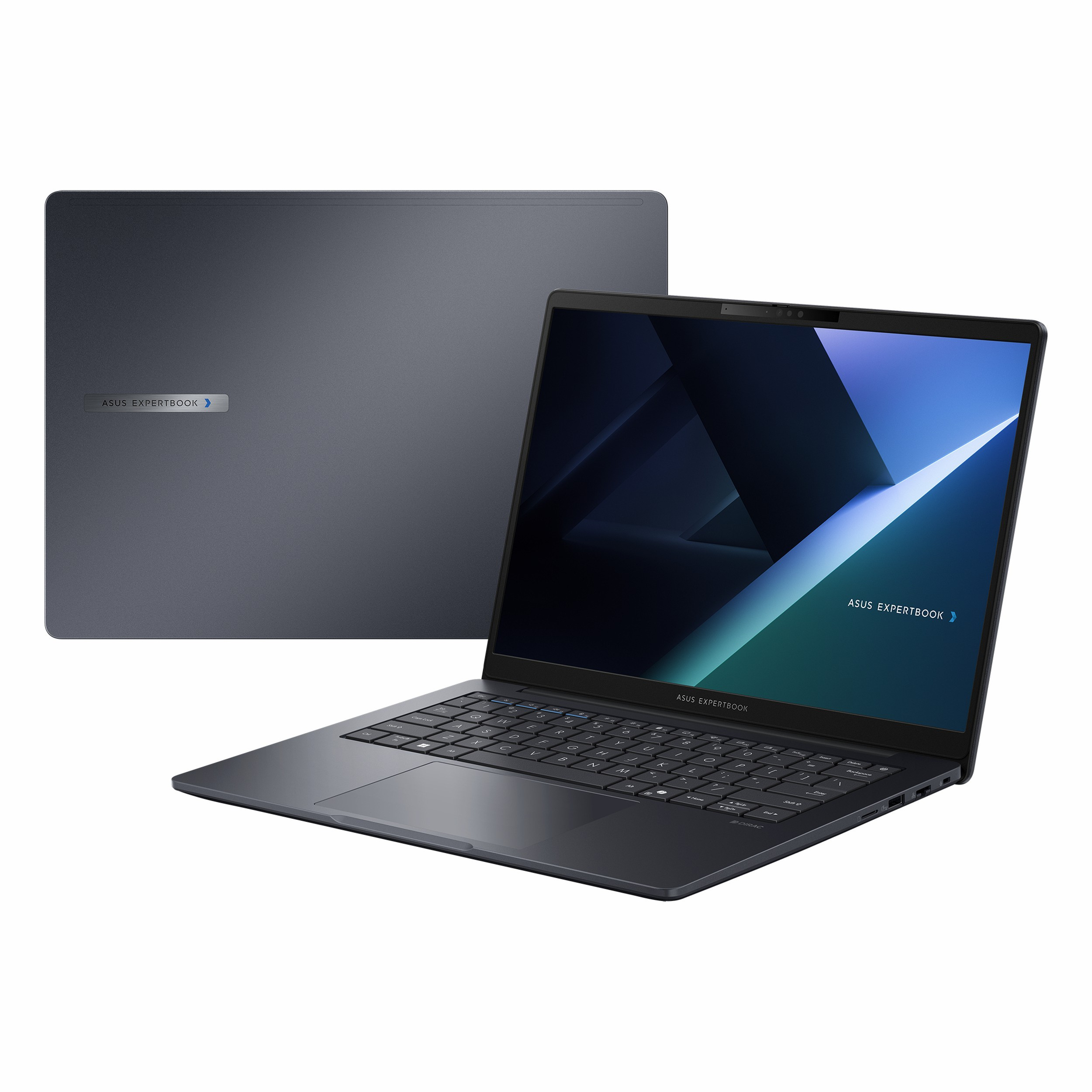 Yan taraftan gösterilen açık, koyu renkli bir ASUS ExpertBook dizüstü bilgisayar.