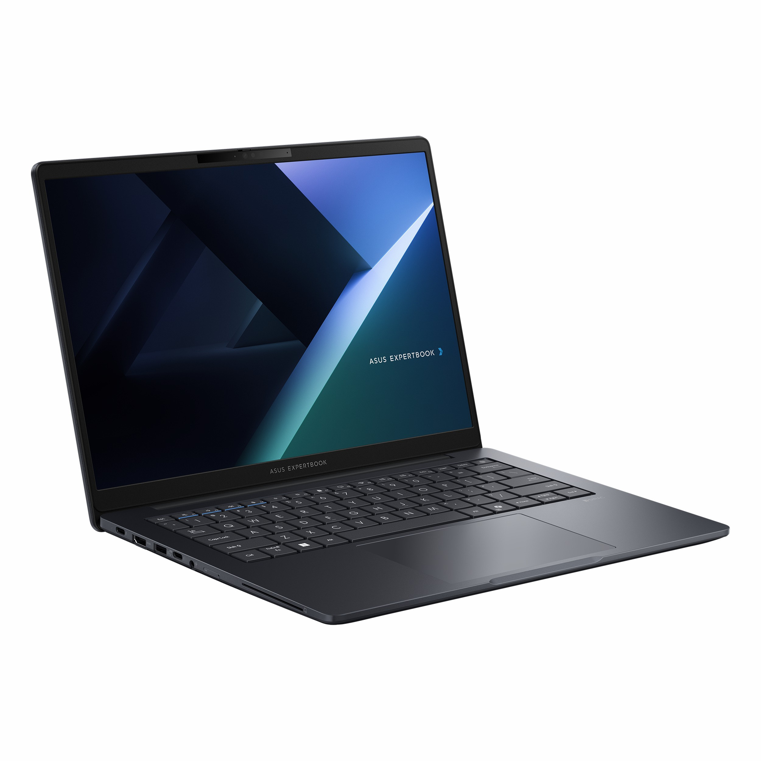 Koyu gri ASUS Expertbook dizüstü bilgisayar açık, klavye ve ekranı görünüyor.