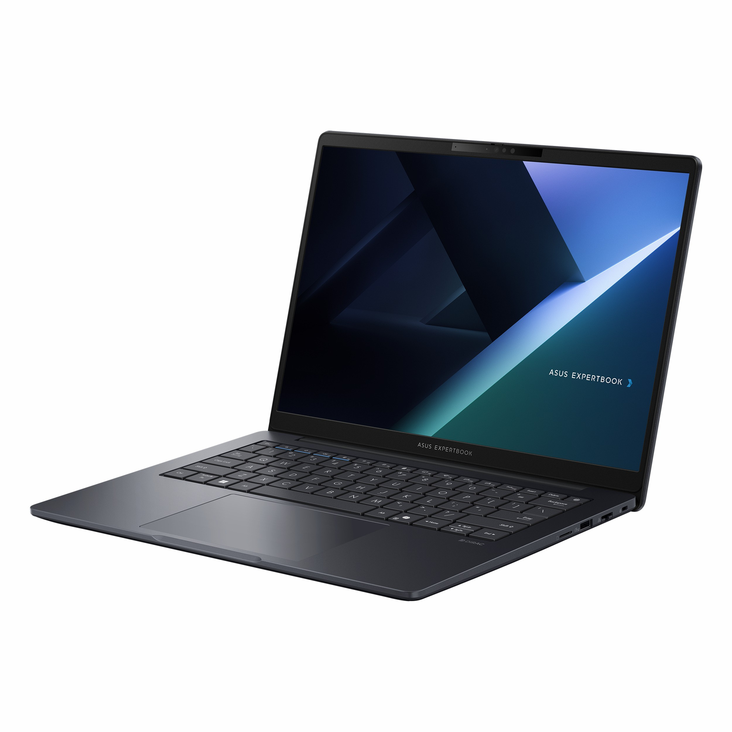 Koyu gri Asus Expertbook dizüstü bilgisayar, arkadan aydınlatmalı klavye ve duvar kağıdı.