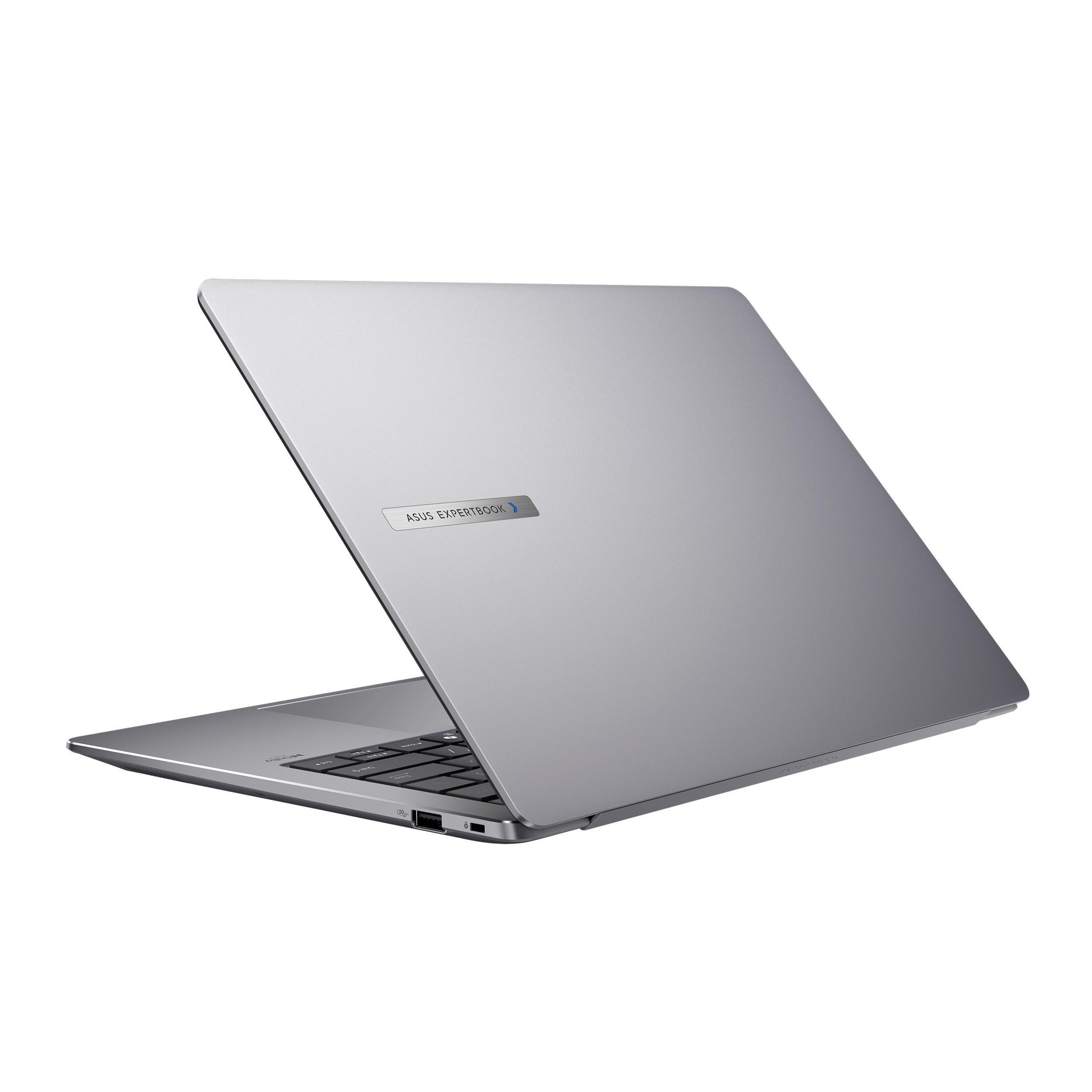 Gümüş renkli ASUS ExpertBook dizüstü bilgisayar beyaz zeminde açık.